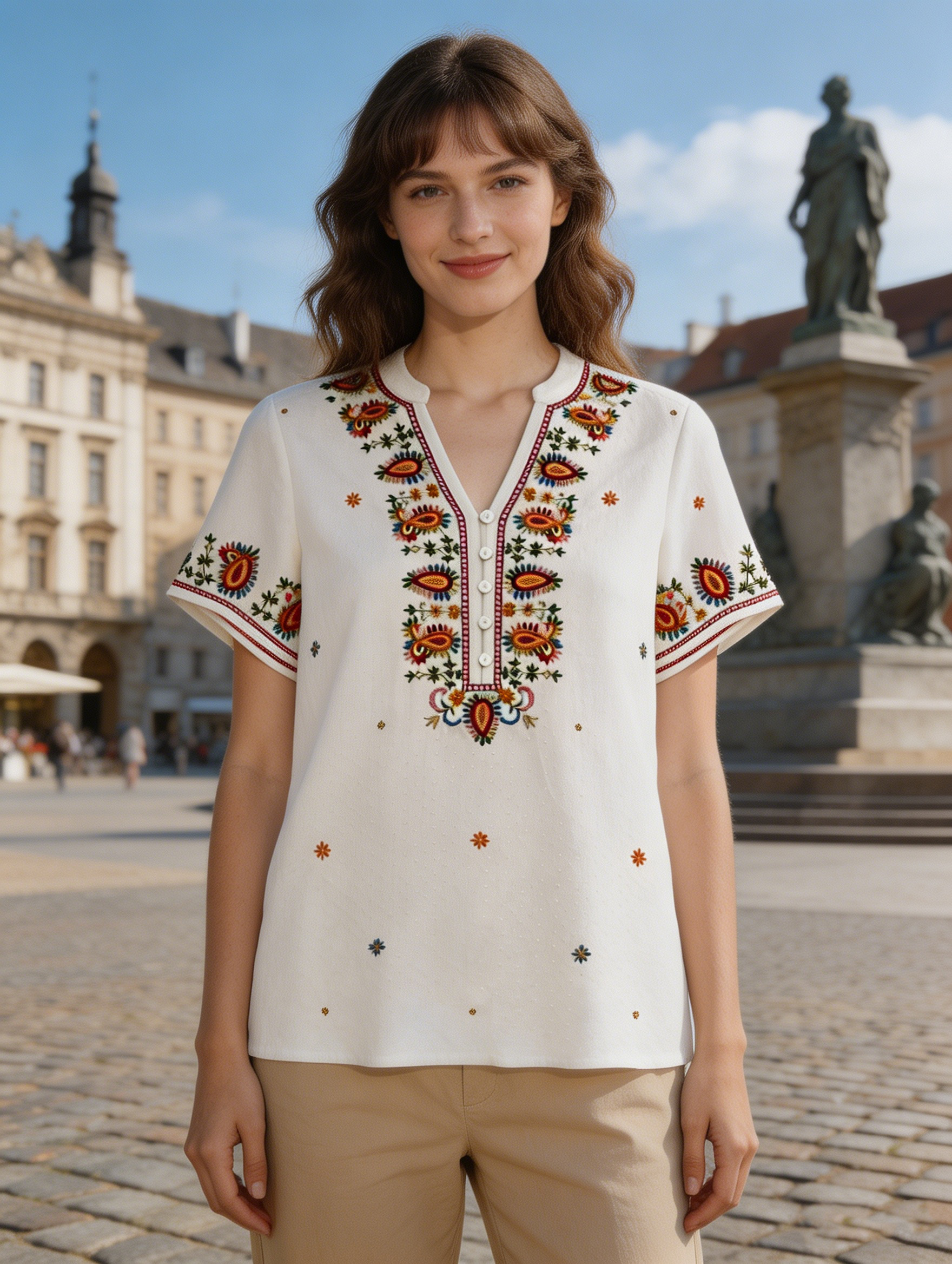 Women’s Boho Embroidered Blouse – Ethnic V Neck Loose Fit Summer Top D-42255
