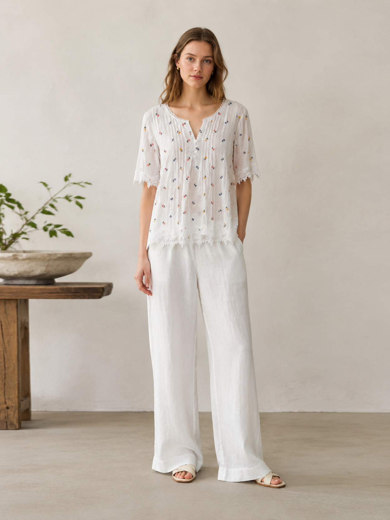 Minimalist White Floral Embroidered Lace Trim Top AN-750005