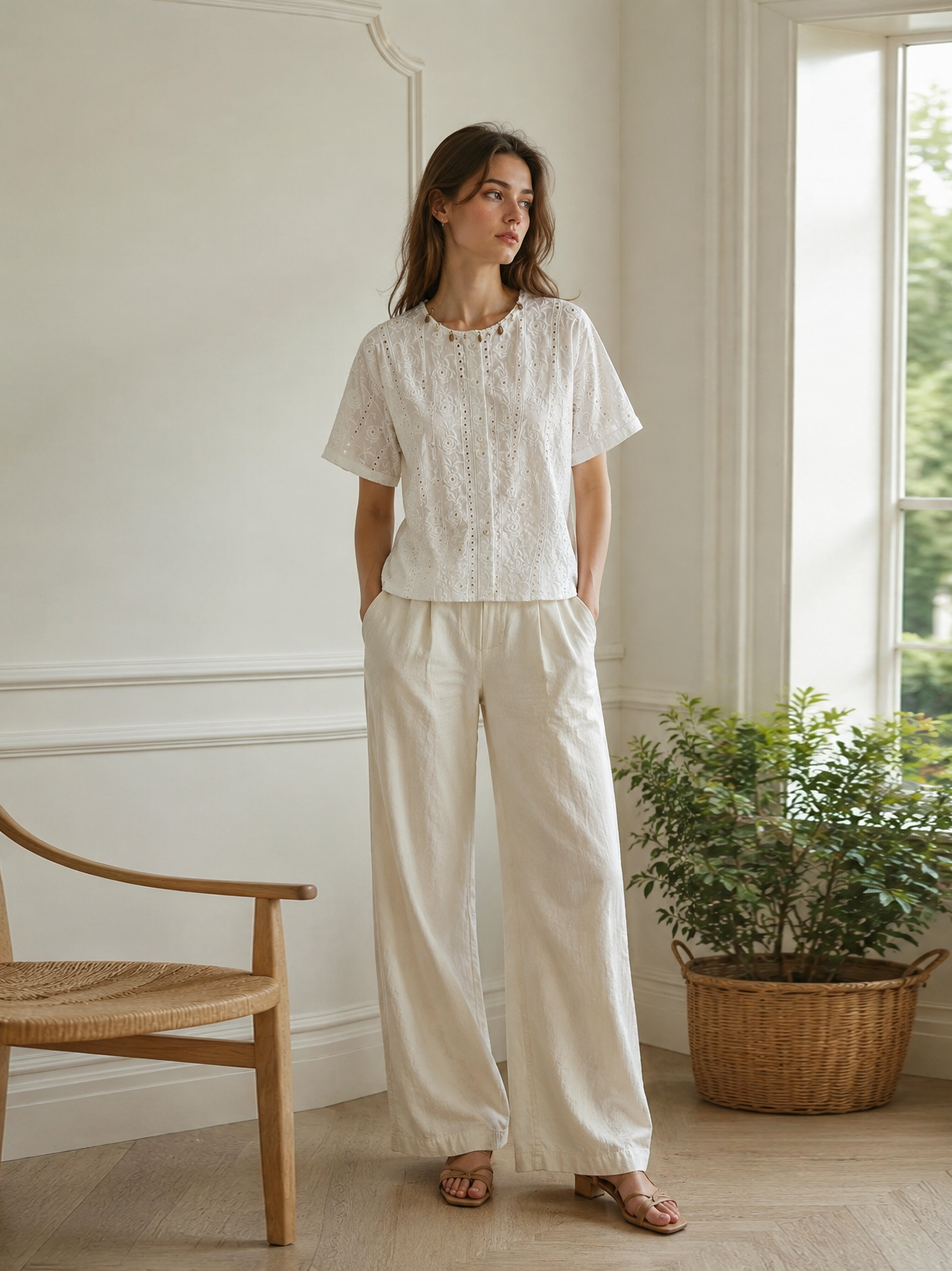Minimalist Embroidered Eyelet Blouse with Beaded Trim AN-750013