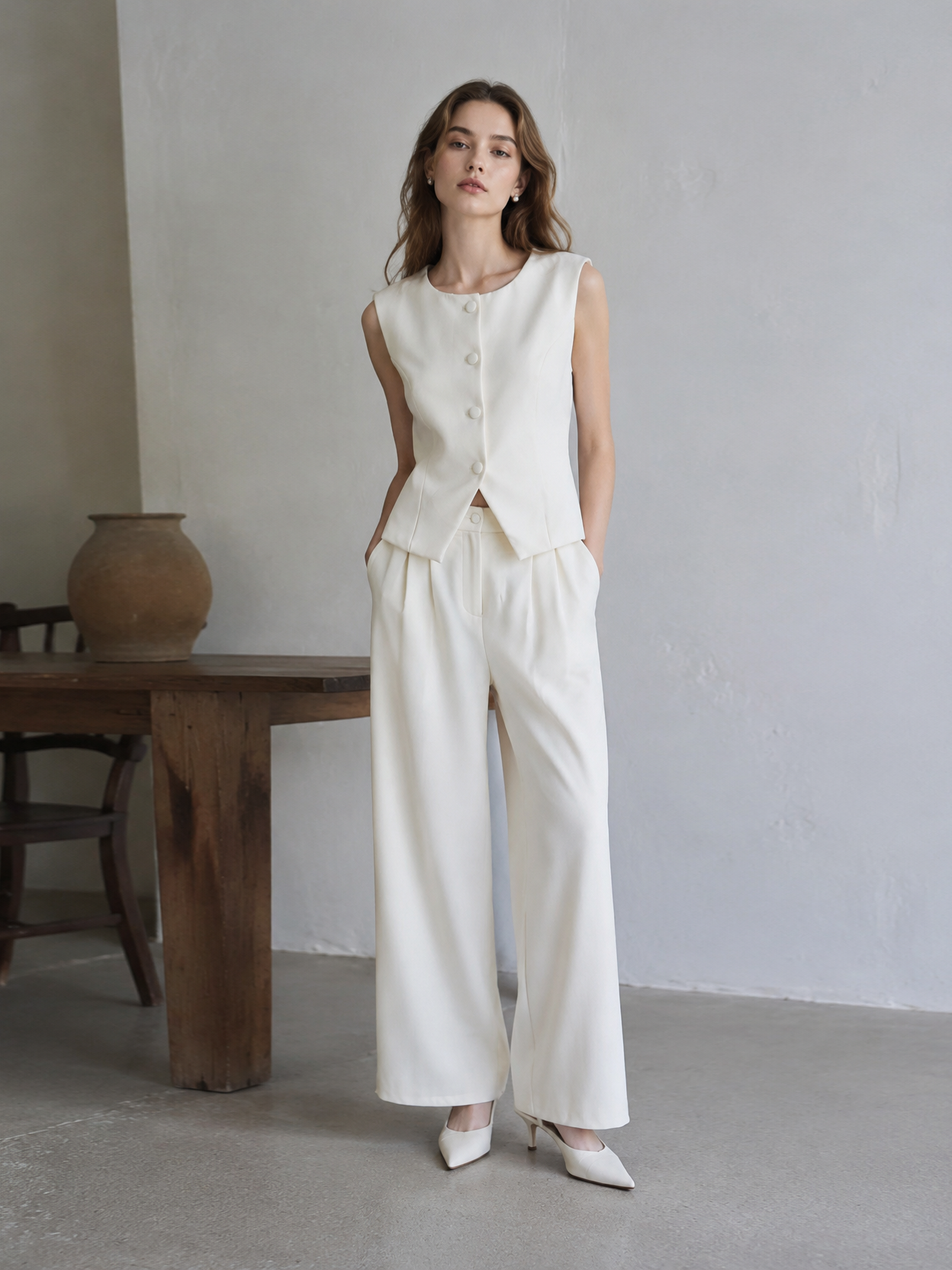 Elegant Light Vest & High-Waisted Wide-Leg Pants Set LA-710009