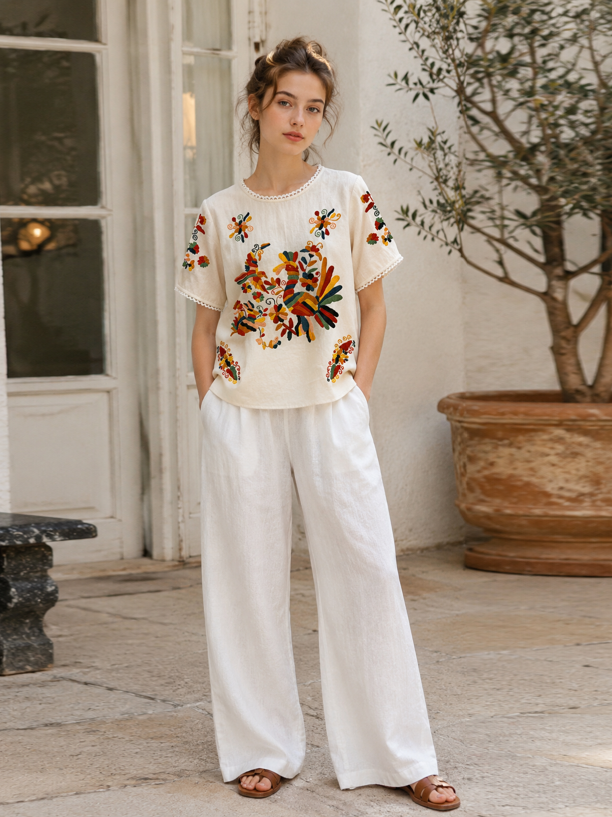 Floral Embroidered Boho Blouse with Lace Trim LA-750002