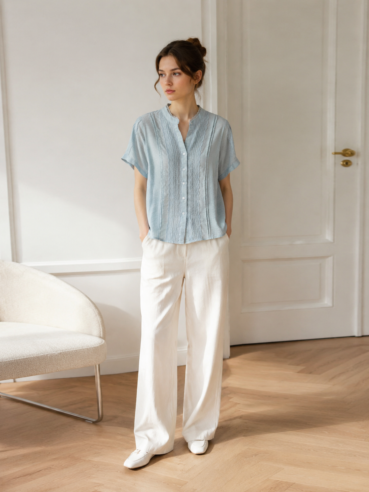Linen-Blend Lace Trim Short-Sleeve Blouse LA-780002