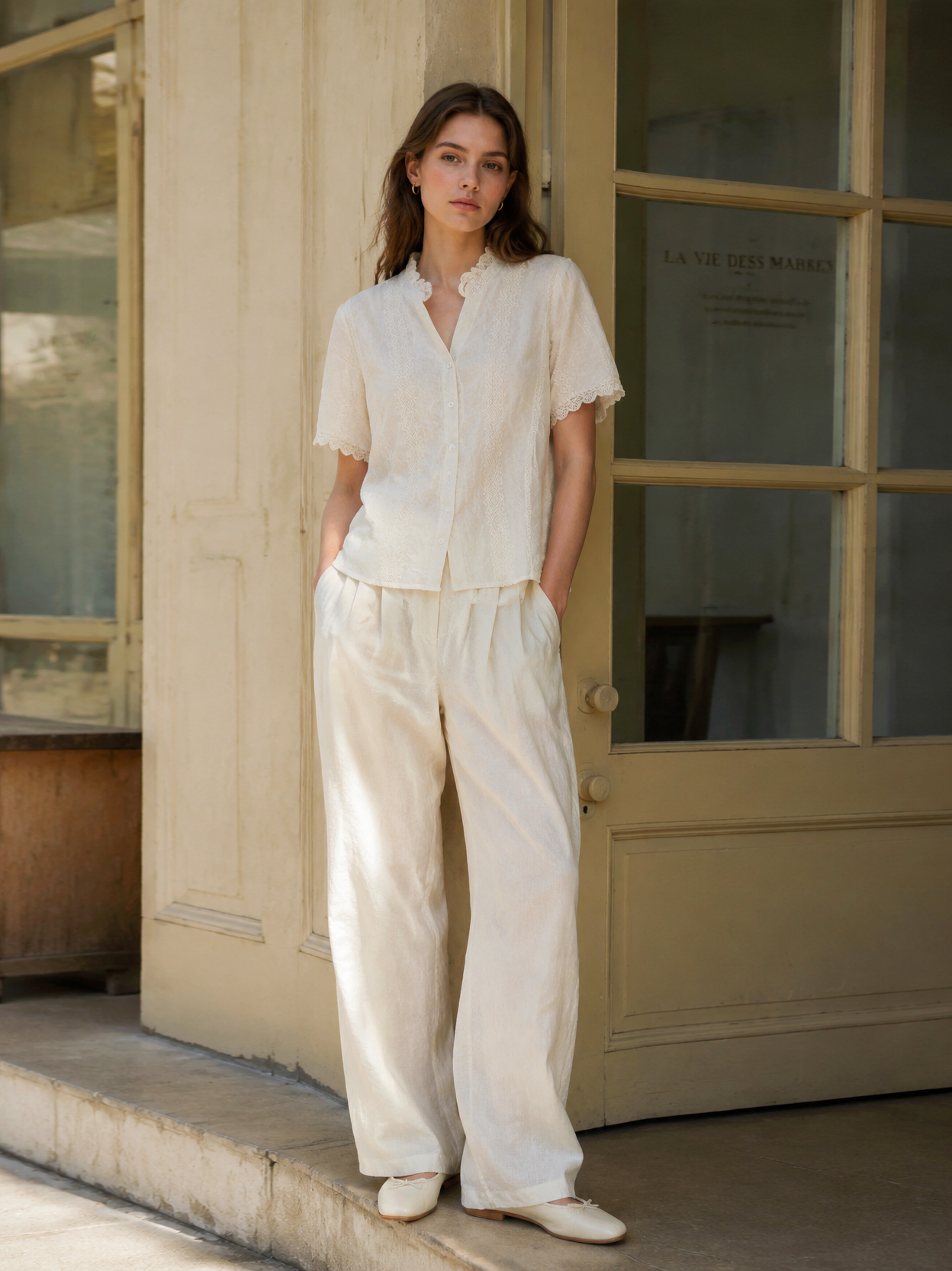 Linen-Blend Blouse with White Lace & Embroidery LA-810001