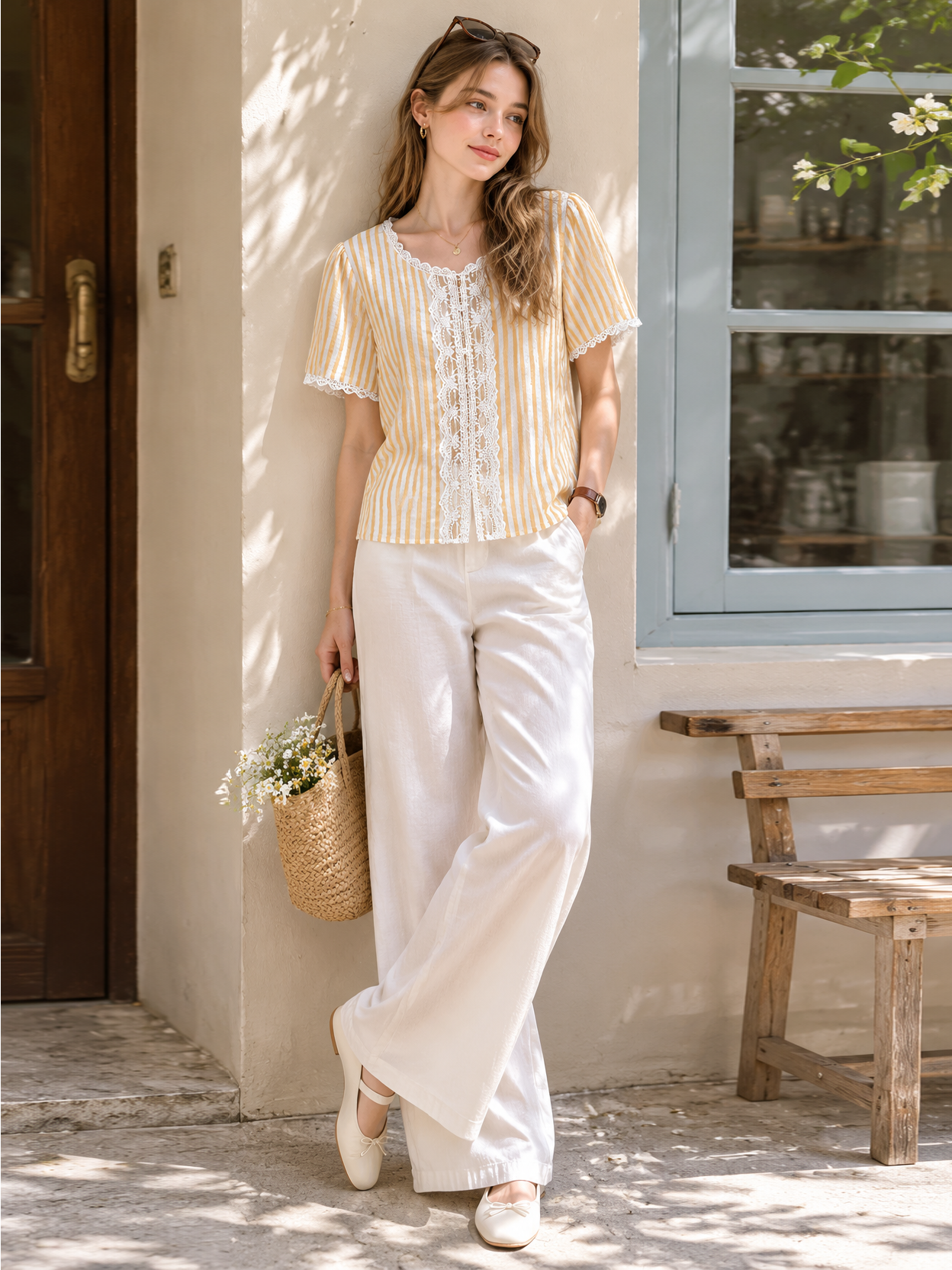 Elegant Striped Blouse with White Lace Details LA-810002