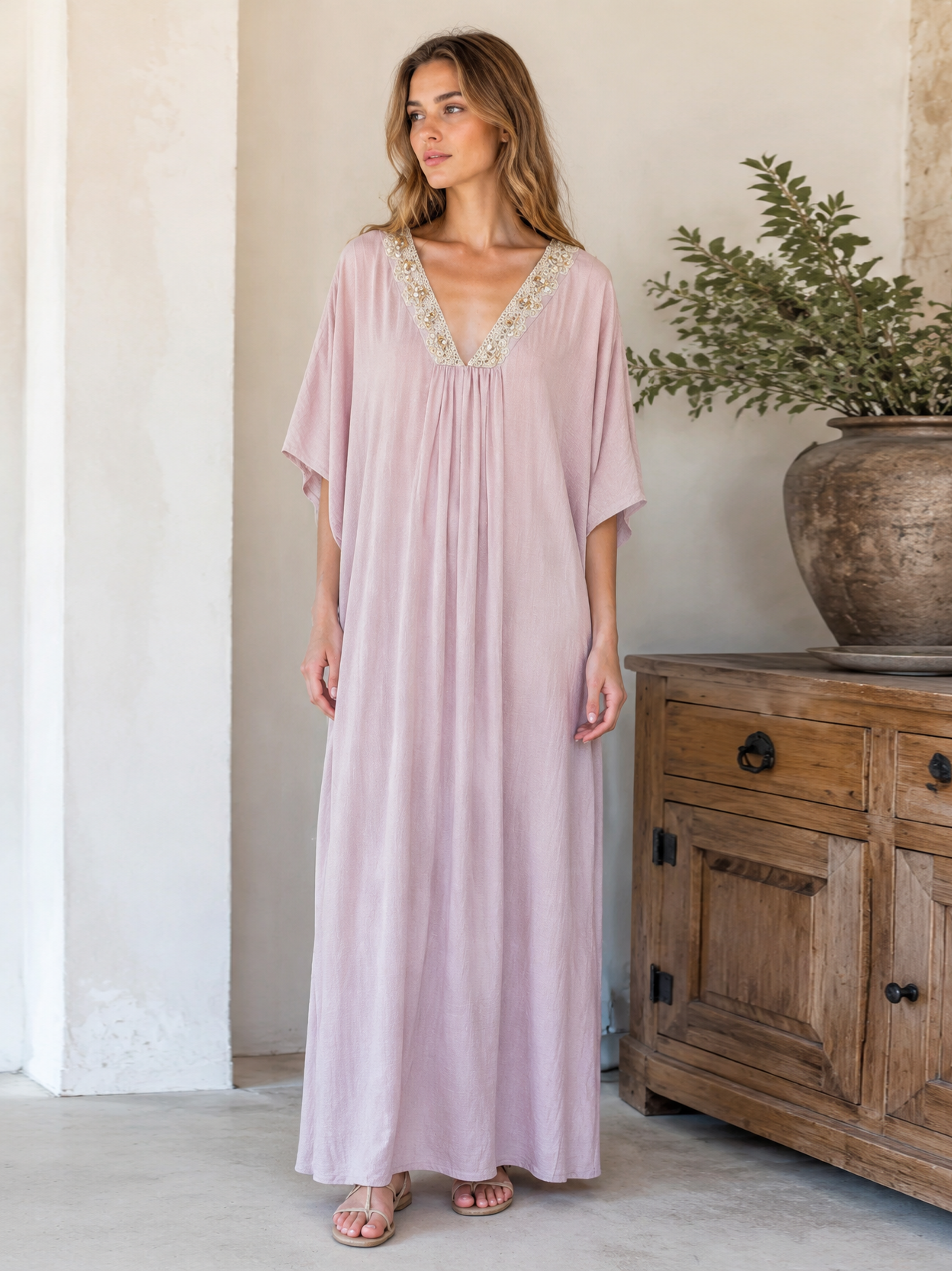 Linen-Blend Kaftan Dress with Shell & Lace Neckline LA-810005