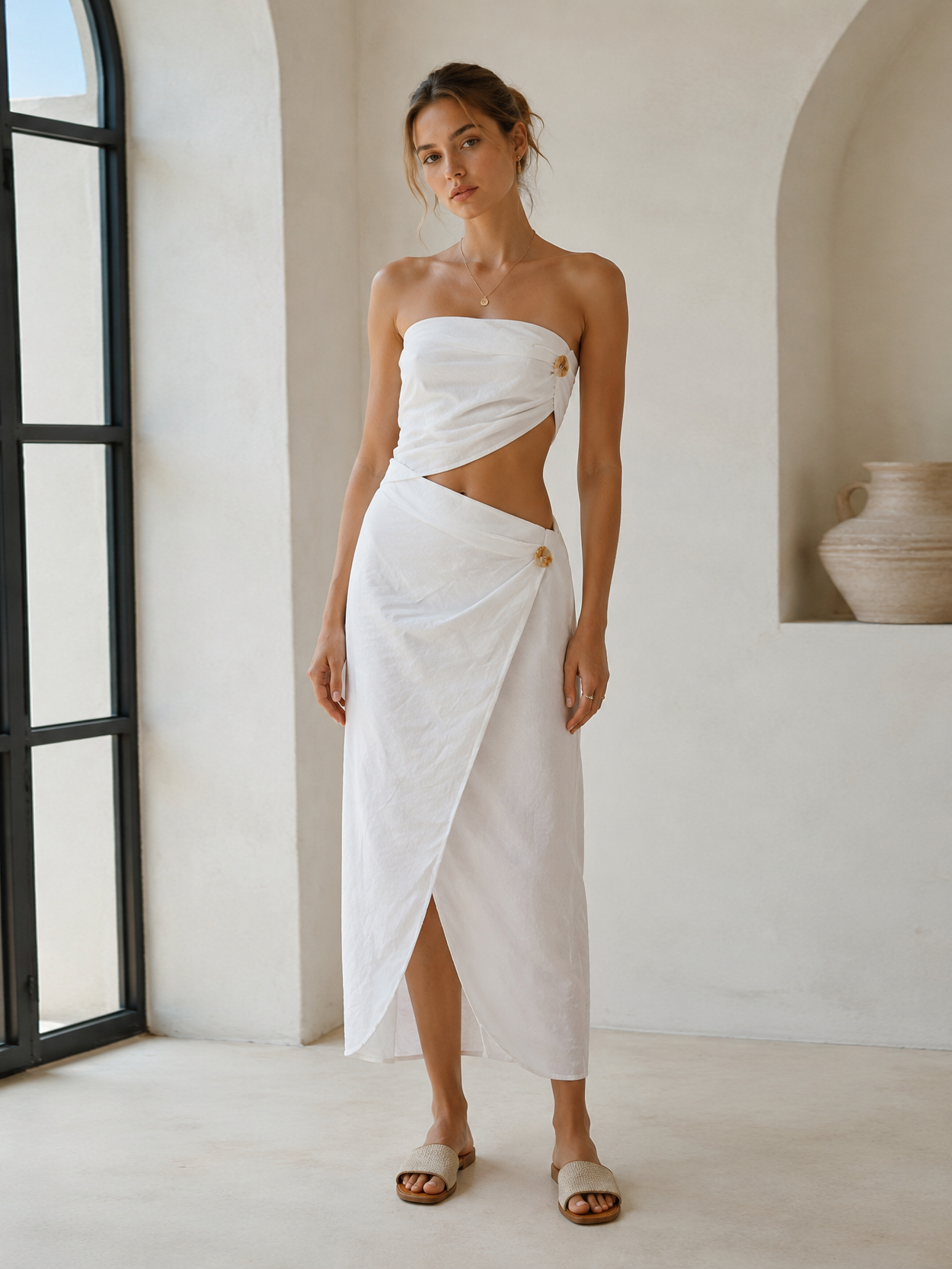 English: Minimalist Linen-Blend Wrap Midi Skirt with Asymmetrical Button AN-620037