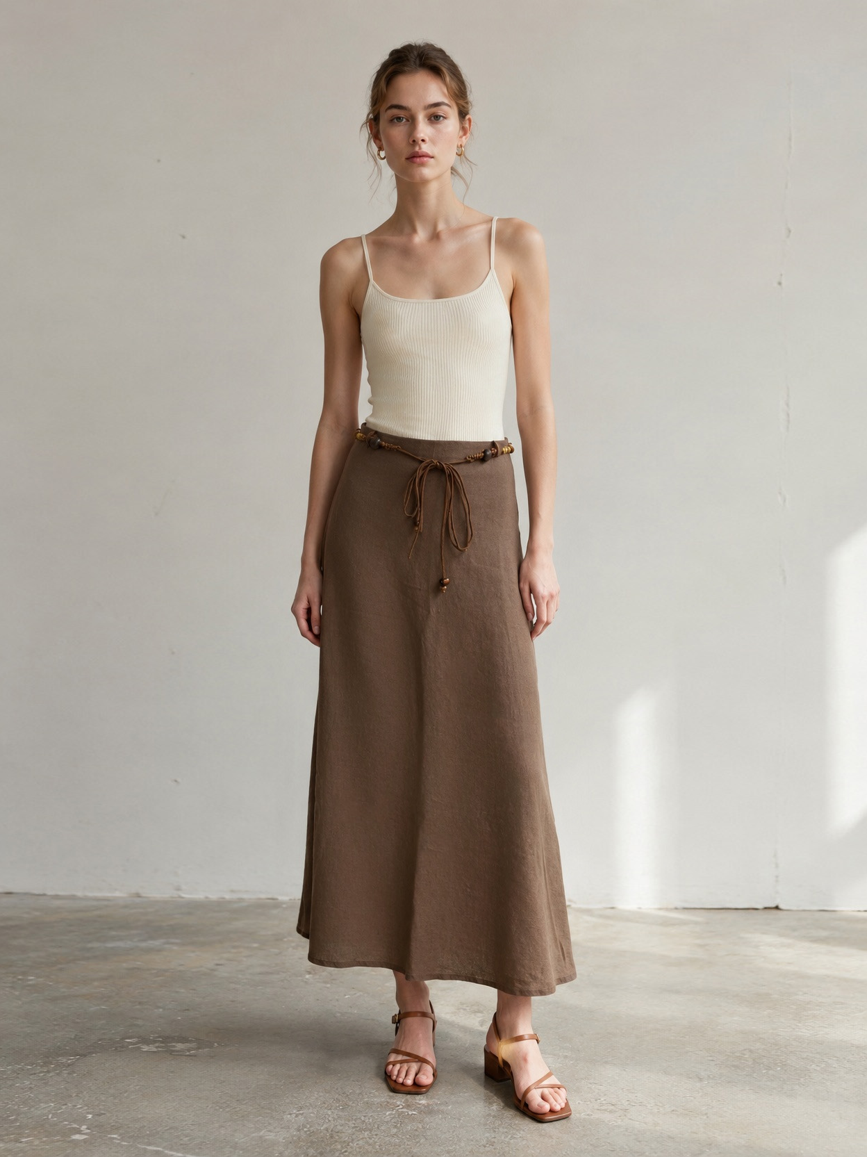 Linen-Blend A-Line Skirt with Beaded Belt AN-620050
