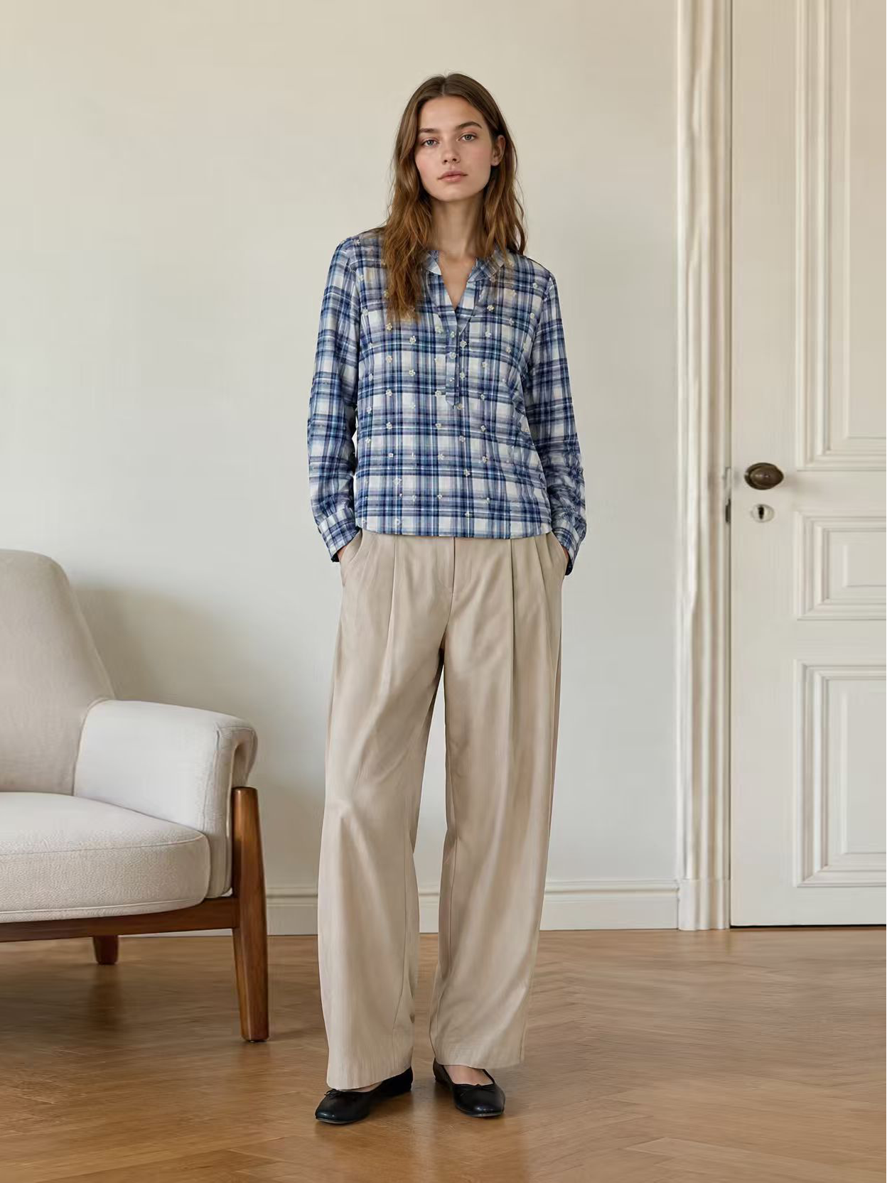 Blue & White Plaid Blouse with Floral Embroidery AN-710025