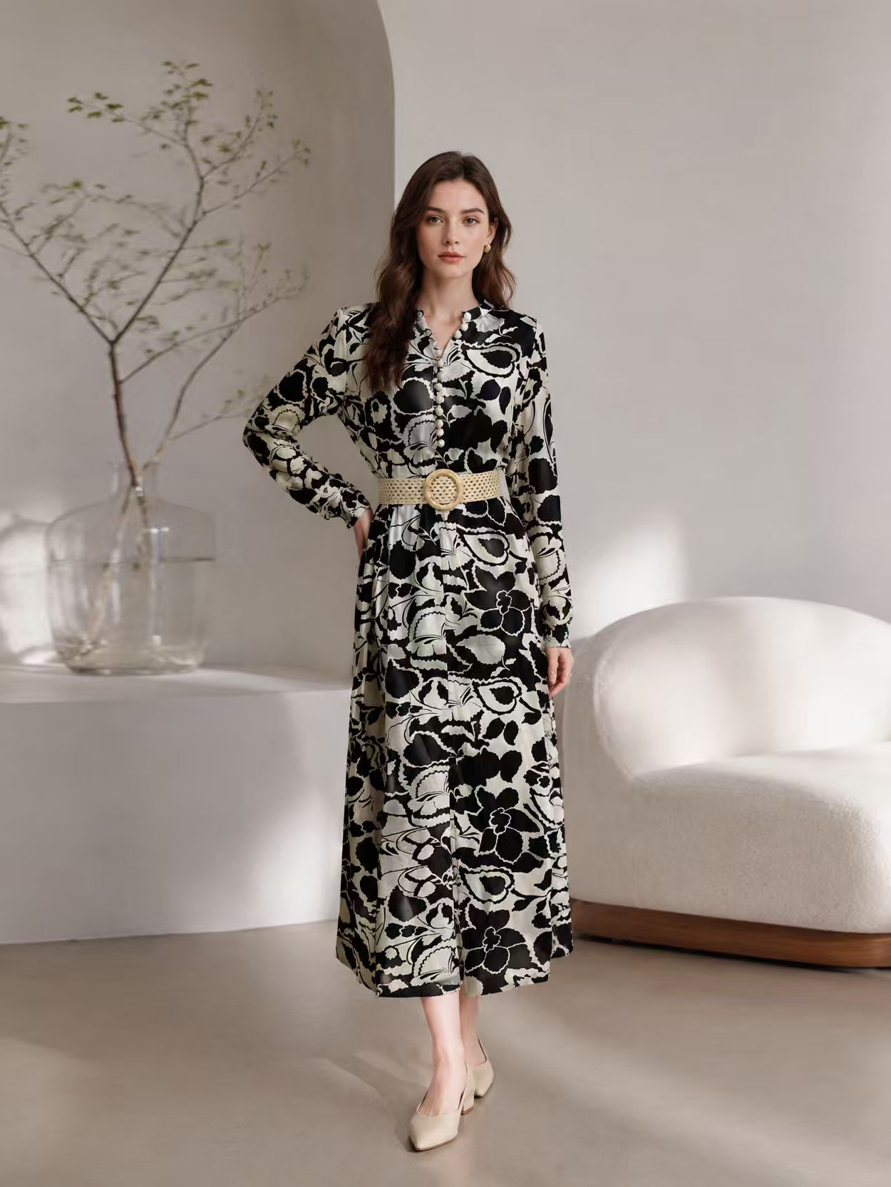 Elegant  Floral Print Midi Dress - Puff Sleeve Belted Dress AN-710026