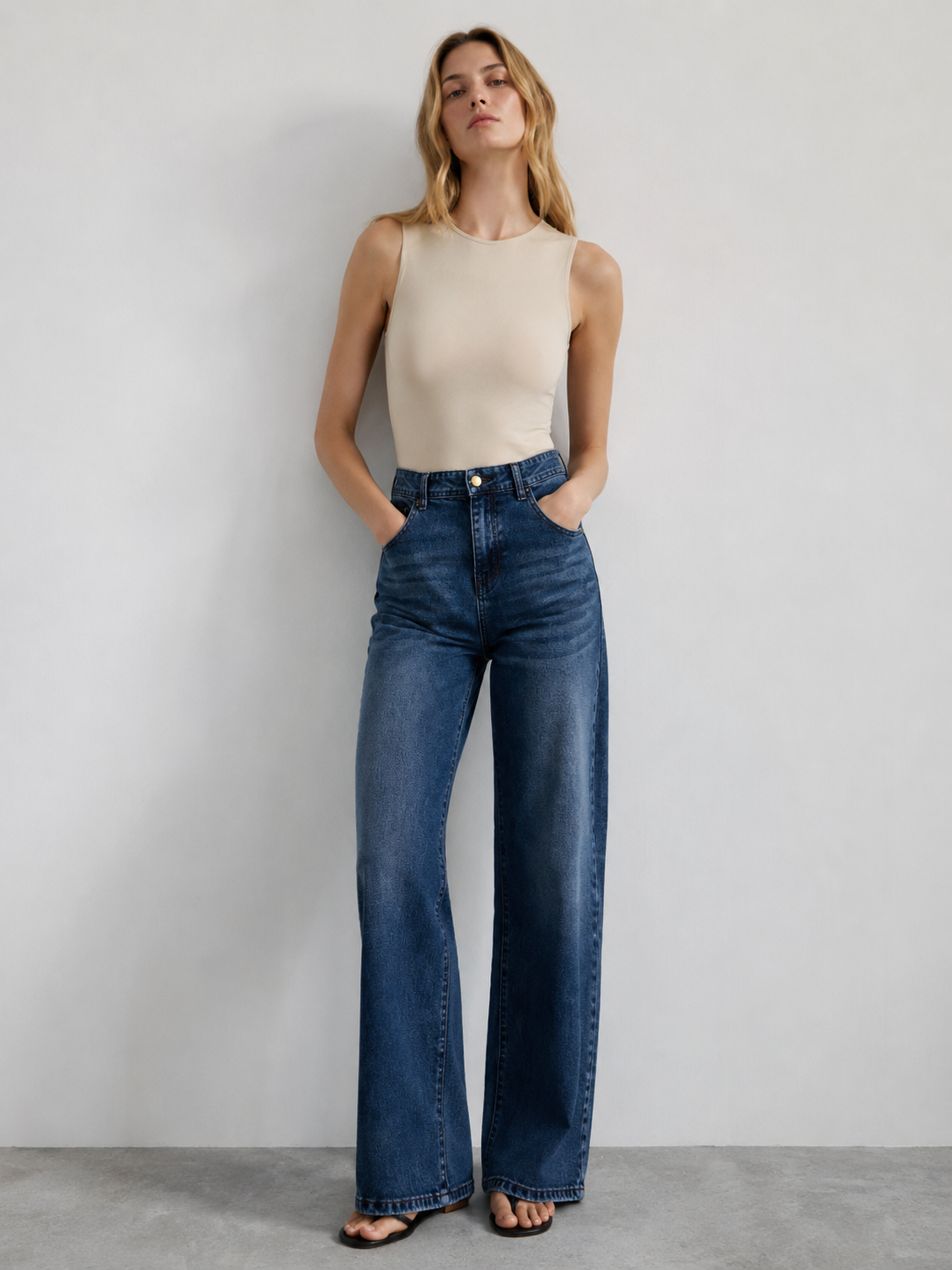 lassic High Waist Straight Denim Jeans for Women Dark Blue Washed Pants YZ5010
