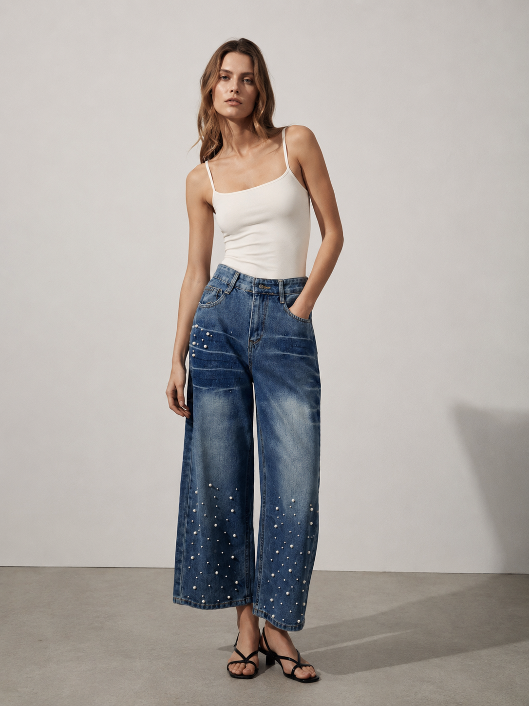 Vintage Wash Pearl Beaded Wide Leg Jeans High Waist Fashion Denim ZY5102