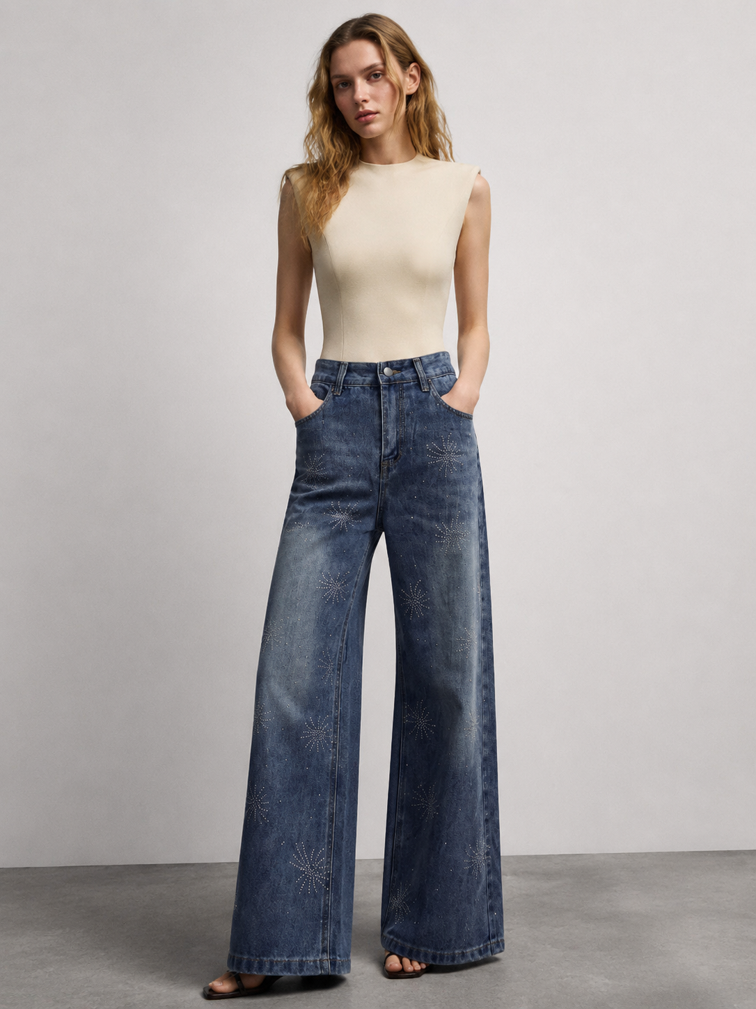 High Waist Rhinestone Star Pattern Wide Leg Jeans Fashion Blue Denim Trousers ZY5103
