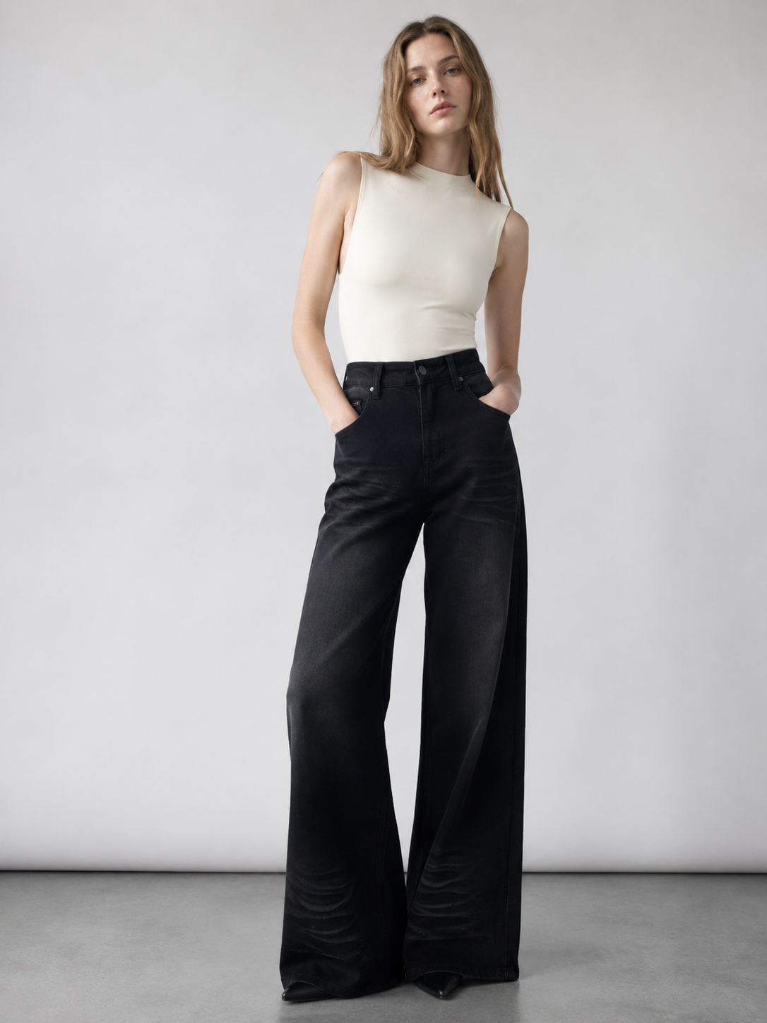 Retro 90s Style High Waist Wide Leg Jeans Washed Grey Relaxed Fit Denim ZY6022