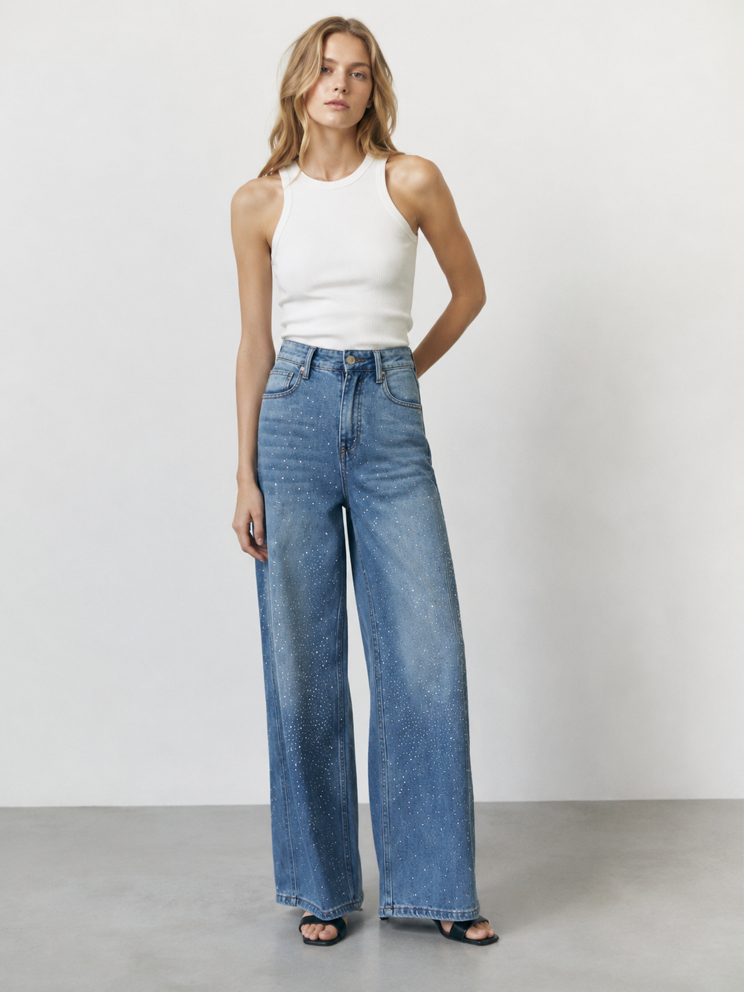 Premium Crystal Embellished Flare Jeans Women High Rise Statement Wash Denim ZY6025