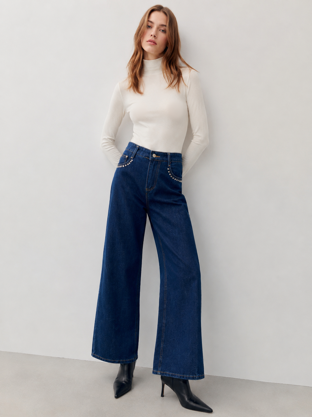 Women's Dark Blue High Rise Wide Leg Jeans with Rhinestone Detail ZY6064