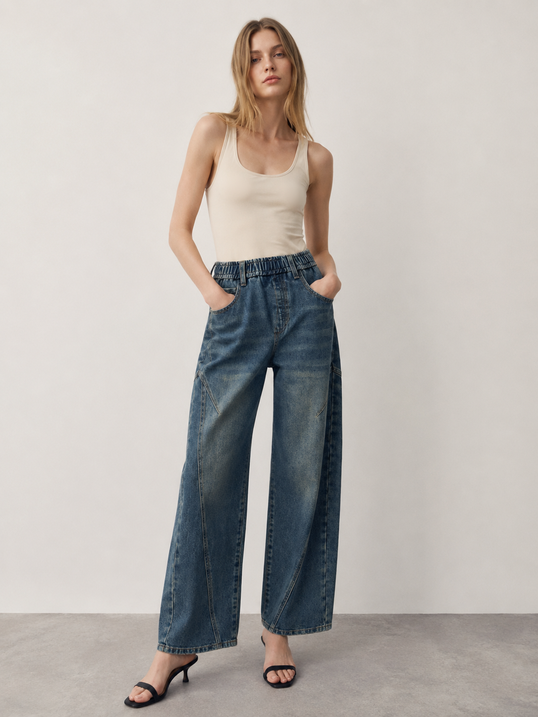 Mid-Wash High Waist Elastic Waist Wide Leg Panelled Jeans ZY6065
