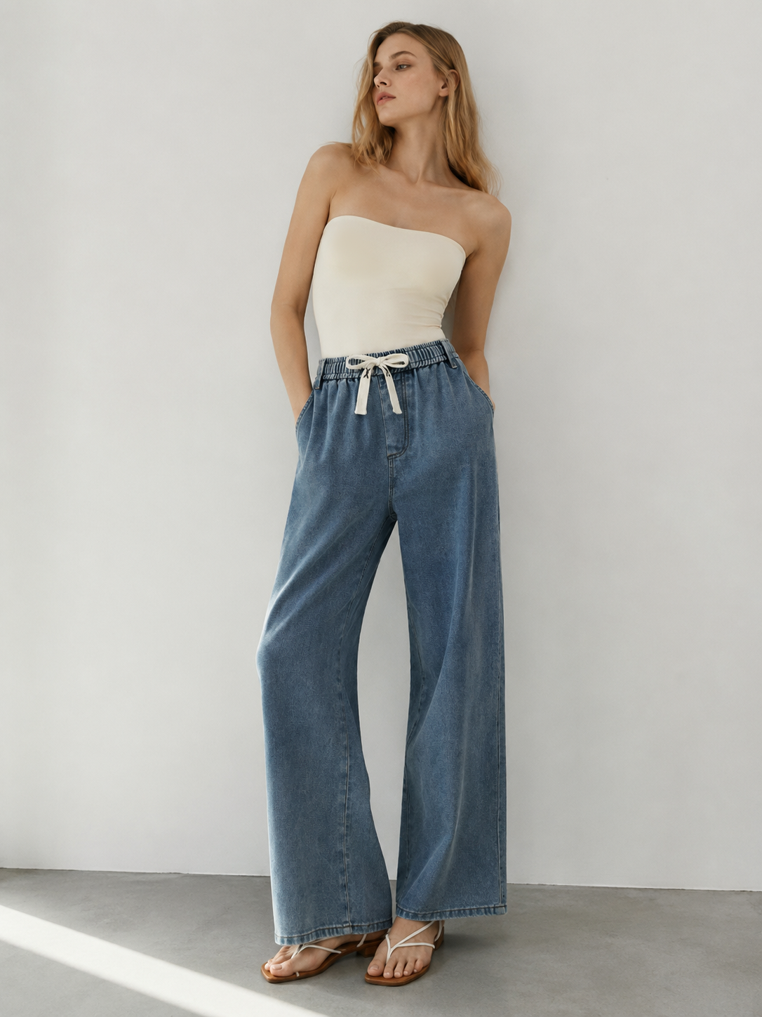 Casual Clean Wash Pull-On Elastic Waist Denim Trousers Wholesale ZY6075