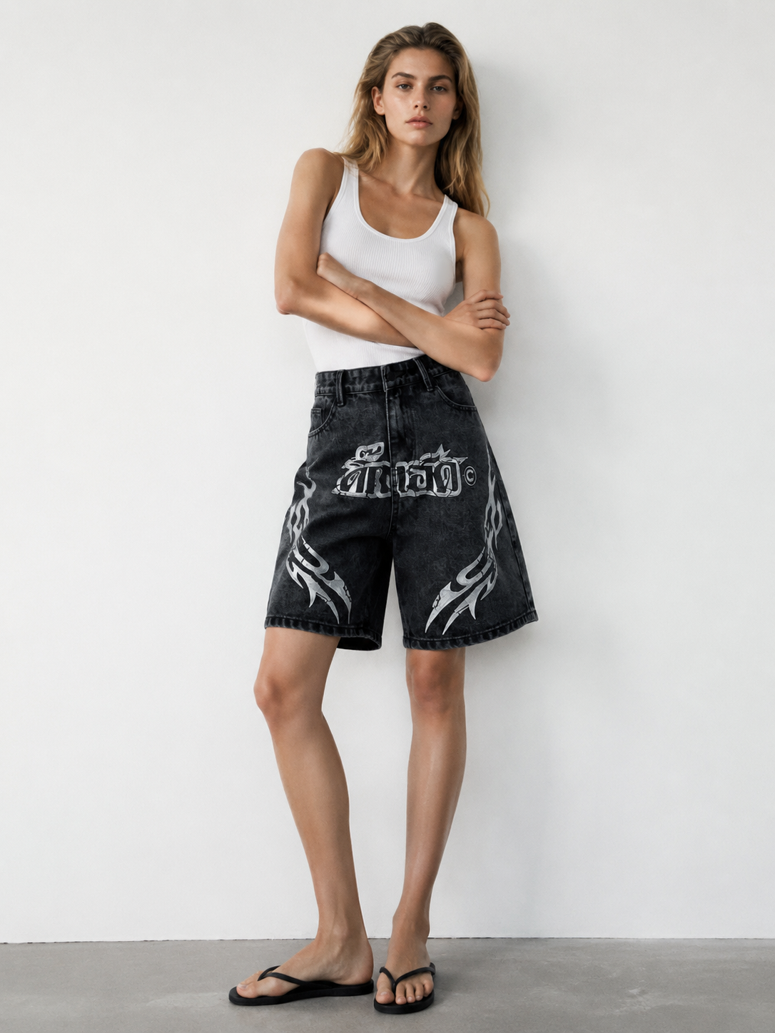 Y2K Streetwear Gothic Letter Embroidery Washed Black Denim Shorts Jorts ZY6079