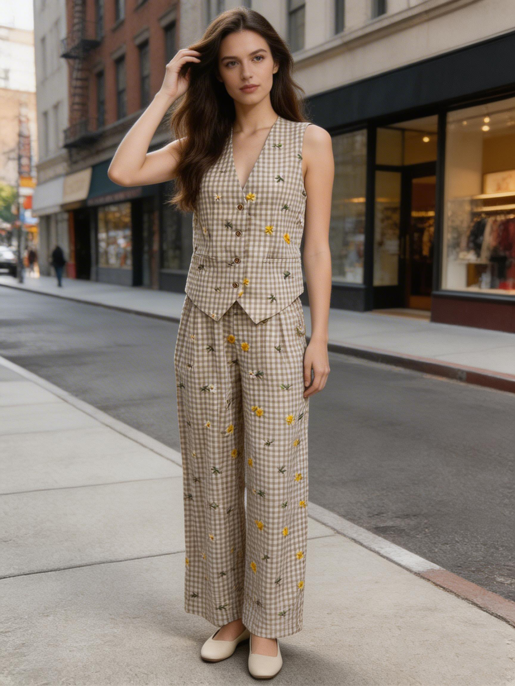 Women’s Gingham Floral Embroidered Vest & Wide Leg Pants Two Piece Set A-42383+A-42384