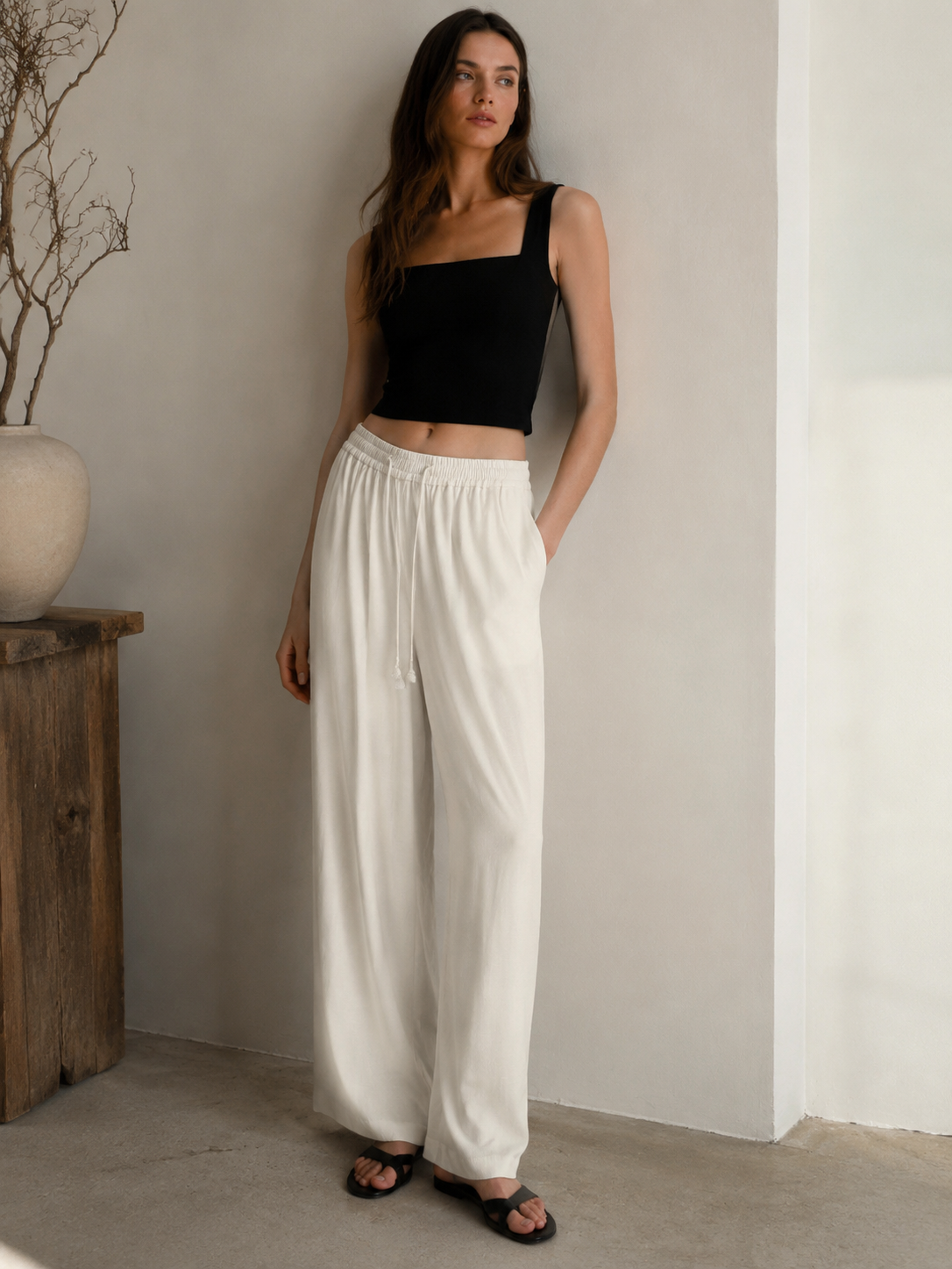Elegant White Office Pants - Linen Blend Drawstring Waist Wide Leg Trousers  C-41969