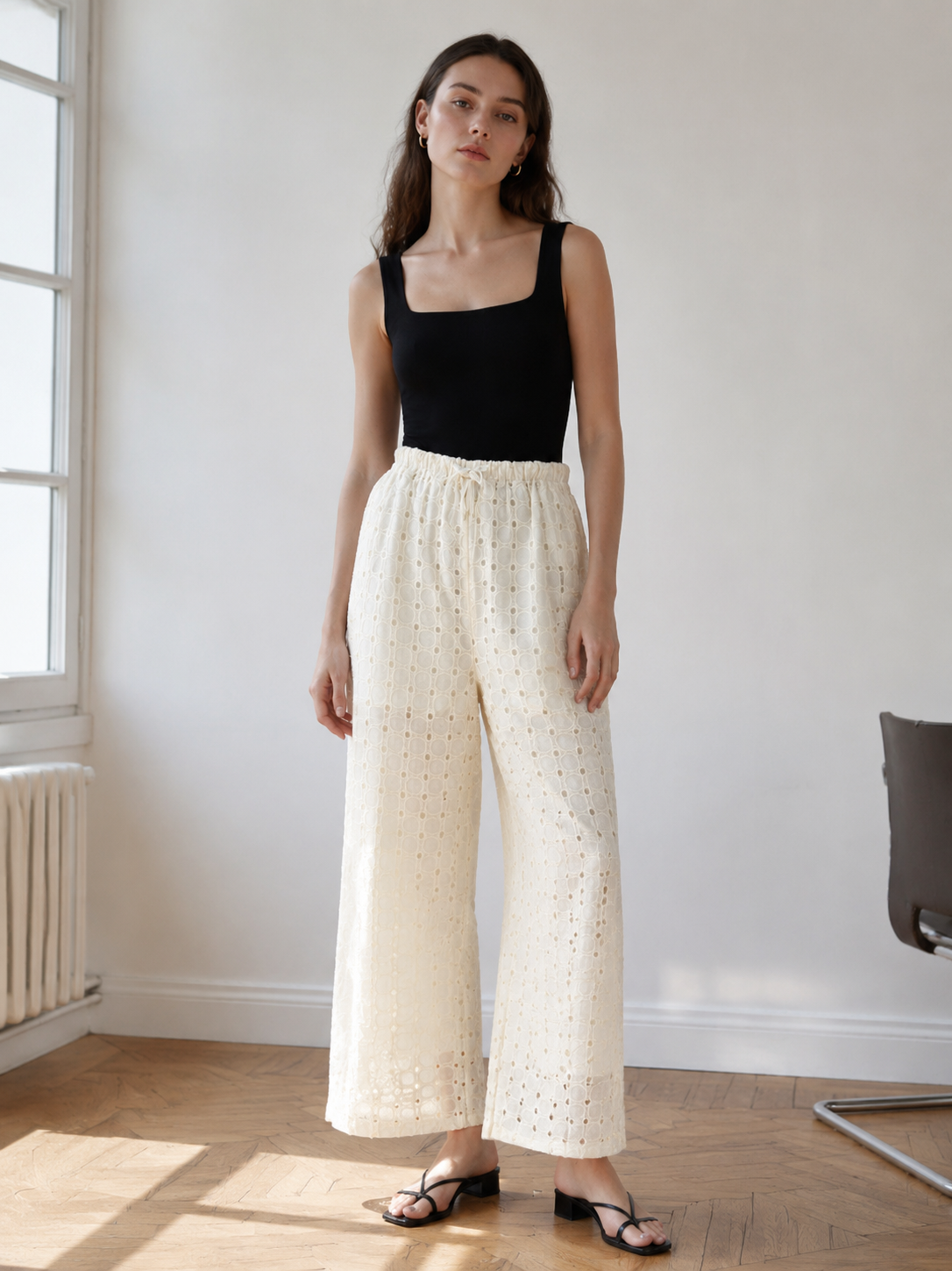 Women's Navy Geometric Circle Print Wide Leg Pants - Drawstring Waist Trousers  AN-710013