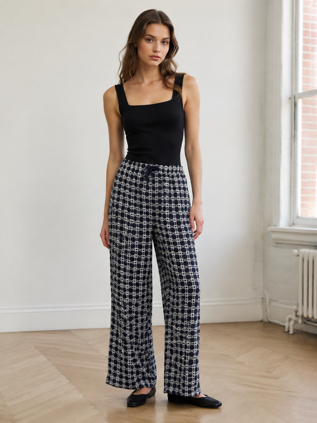 Women's Navy Geometric Circle Print Wide Leg Pants - Drawstring Waist Trousers  AN-710013