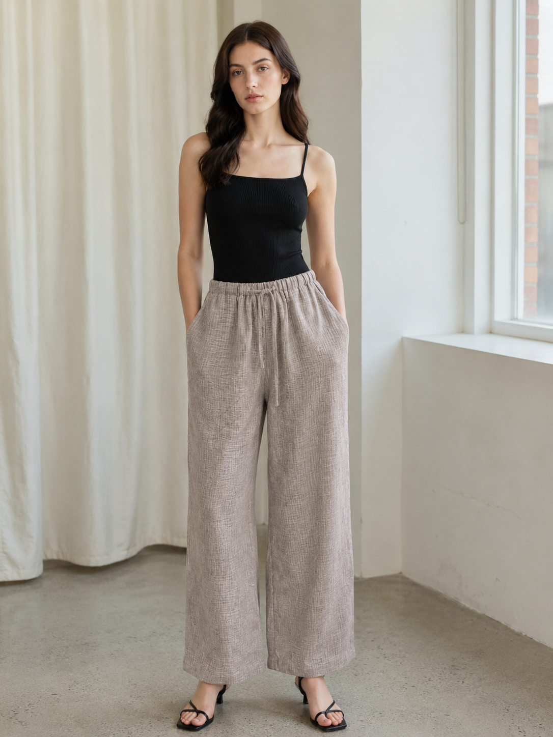 Women's Khaki Textured Drawstring Wide Leg Pants - Relaxed Fit Trousers  S-2543