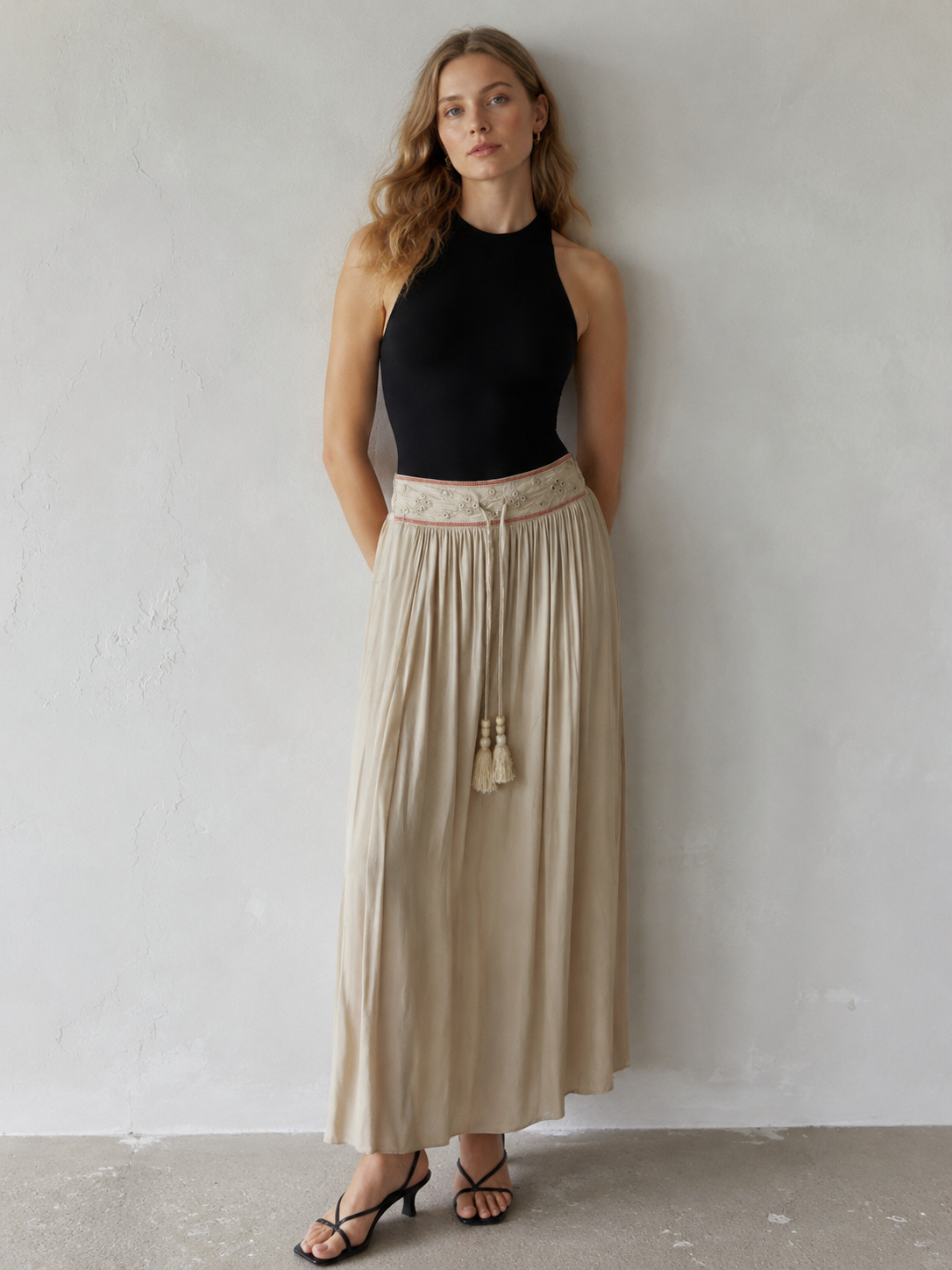 Ethnic Style Embroidered Skirt - Beige High Waist Tassel Trim Boho Maxi Skirt  AW-R290026