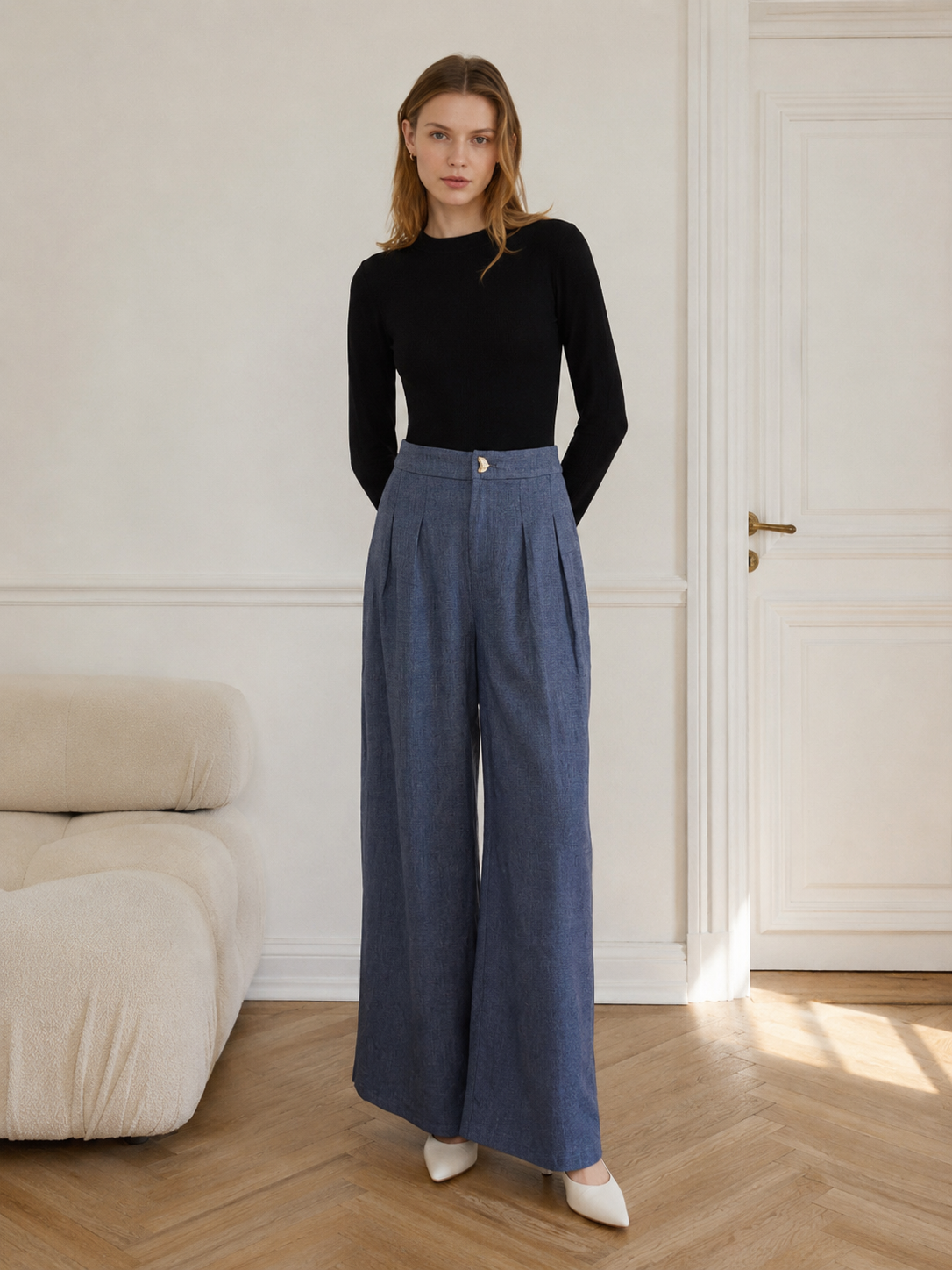 Elegant Blue Pleated Wide Leg Pants - Office Casual Trousers S-2544