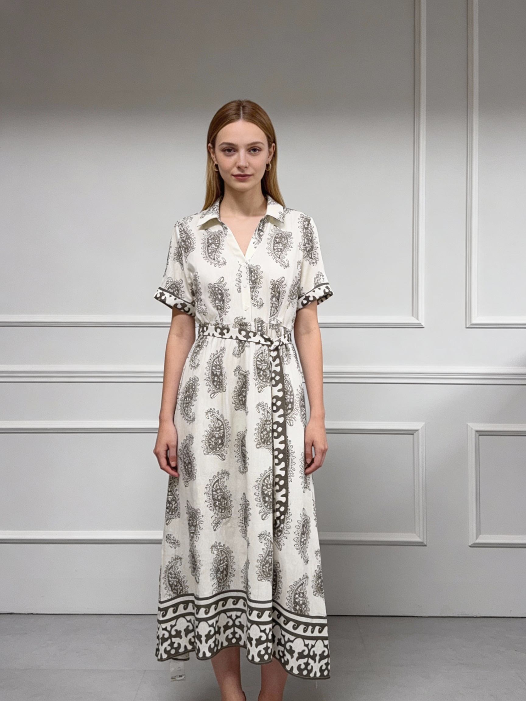 Women’s Boho Paisley Print Belted Midi Shirt Dress D-42275