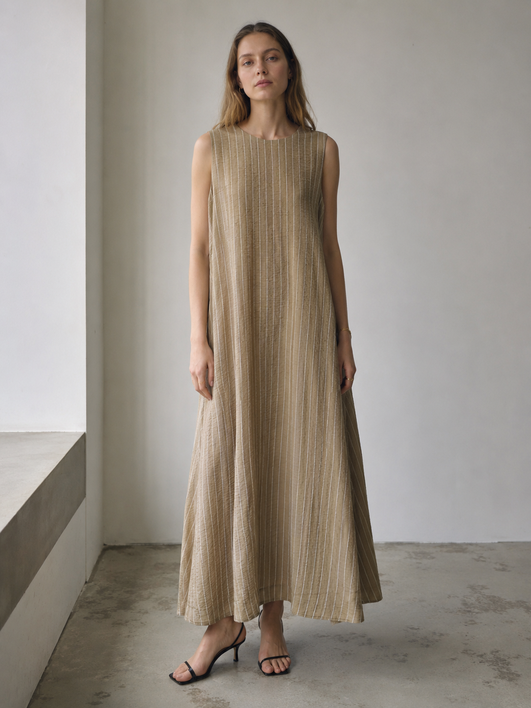 Minimalist Striped Linen Blend A-Line Dress with Back Slit C-42198