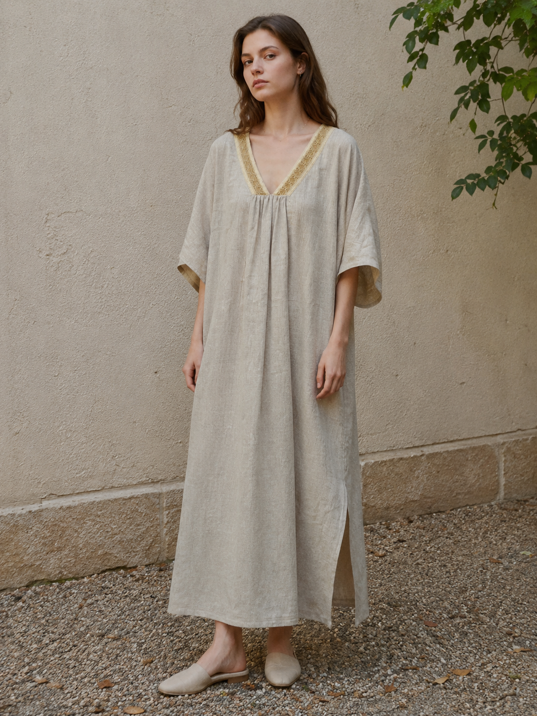 Minimalist Linen Look V-Neck Midi Dress – Women’s Casual Resort Style C-42326