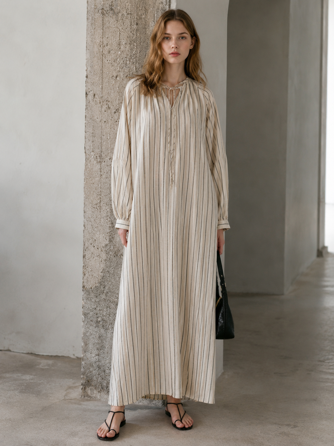 Casual Striped Linen Blend Midi Dress with V-Neck Tie C-42199