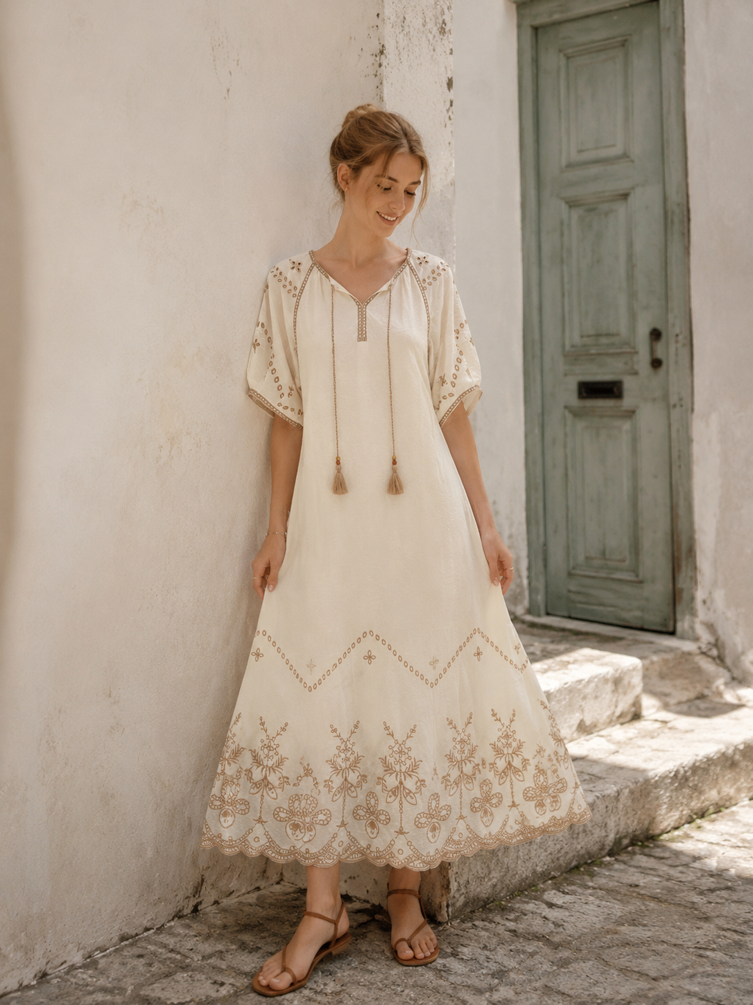 Elegant Ivory Embroidered Long Gown - Vintage Style with Beaded Neck Tassels W-42676