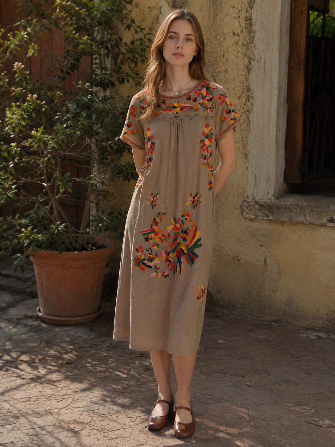 Summer Resort Linen-Look Midi Dress - Handcrafted Floral Pattern on Earthy Tone W-42704