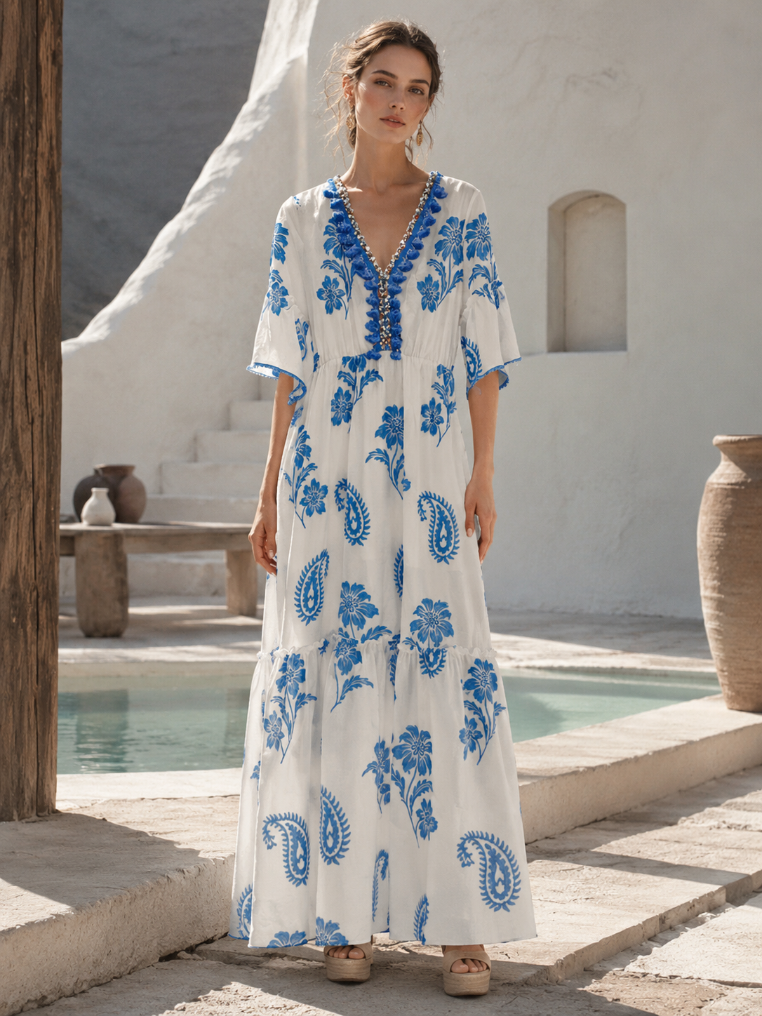 White & Blue Paisley Floral Print Boho Maxi Dress with Beaded Tassel V-Neck – Cotton Linen Resort Beach Wear W-42665