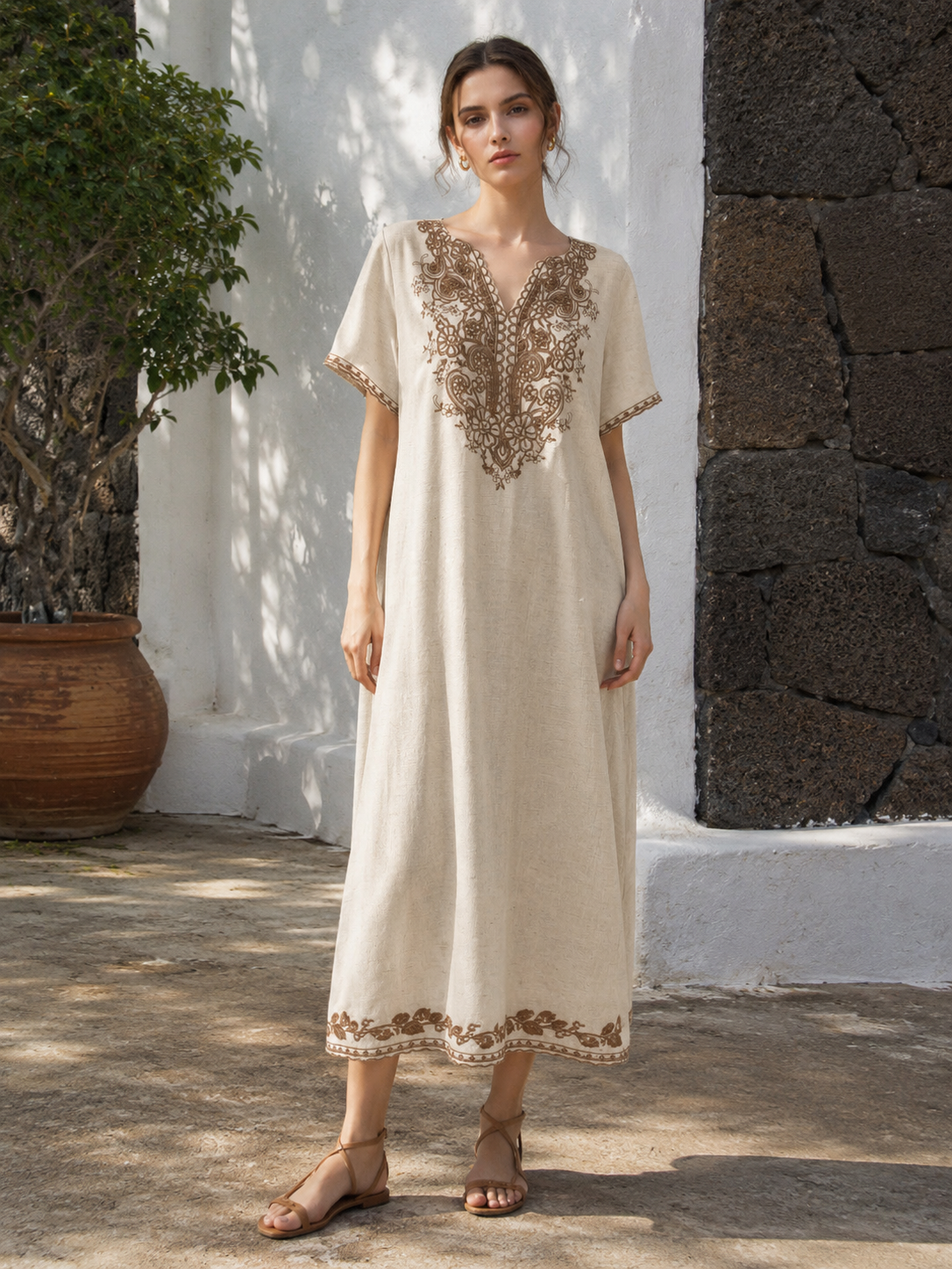 Boho Embroidered Linen-Look Maxi Dress W-42937