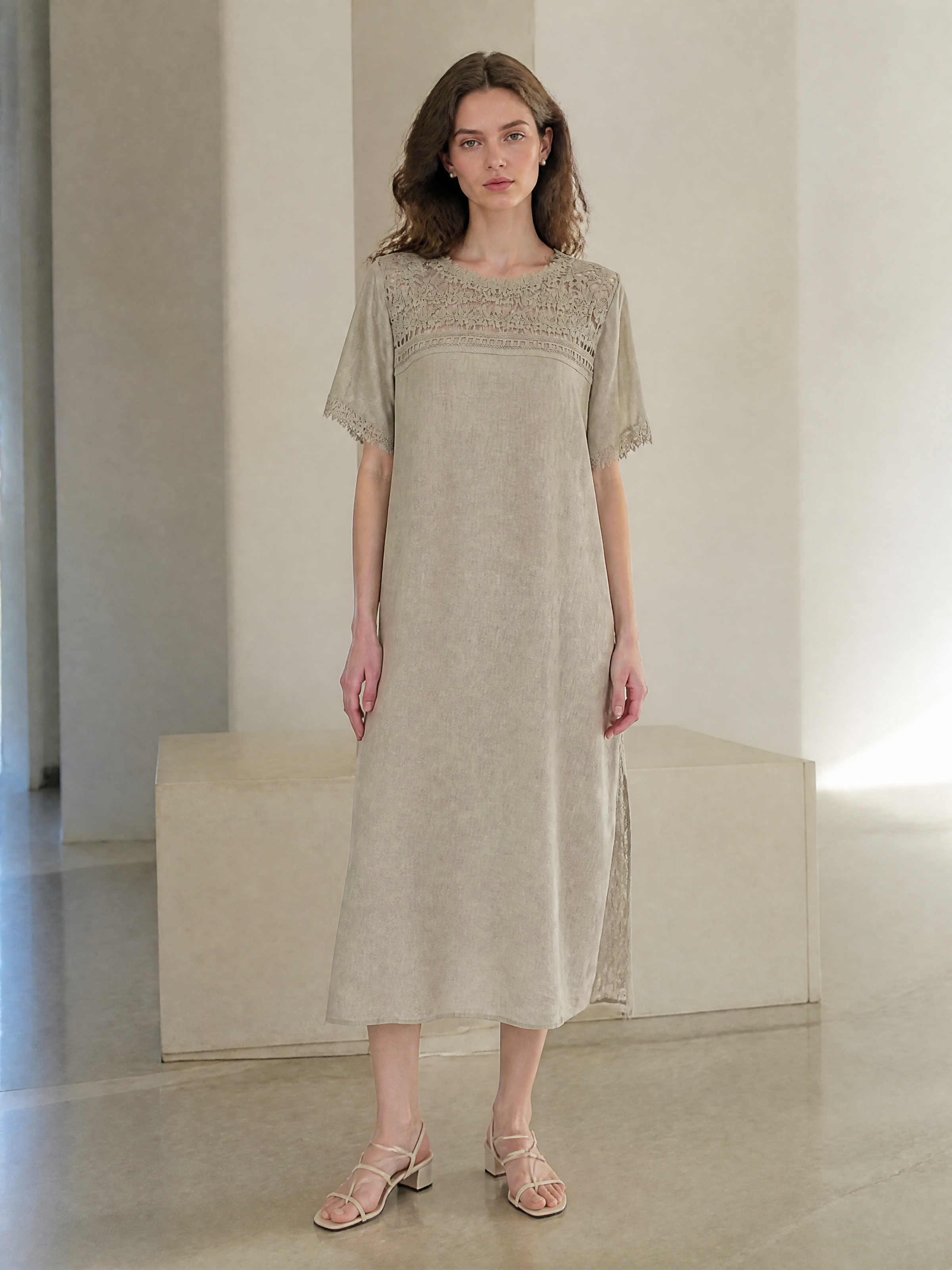 Women’s Linen Midi Dress – Lace Yoke Loose Boho Summer Dress W-42901