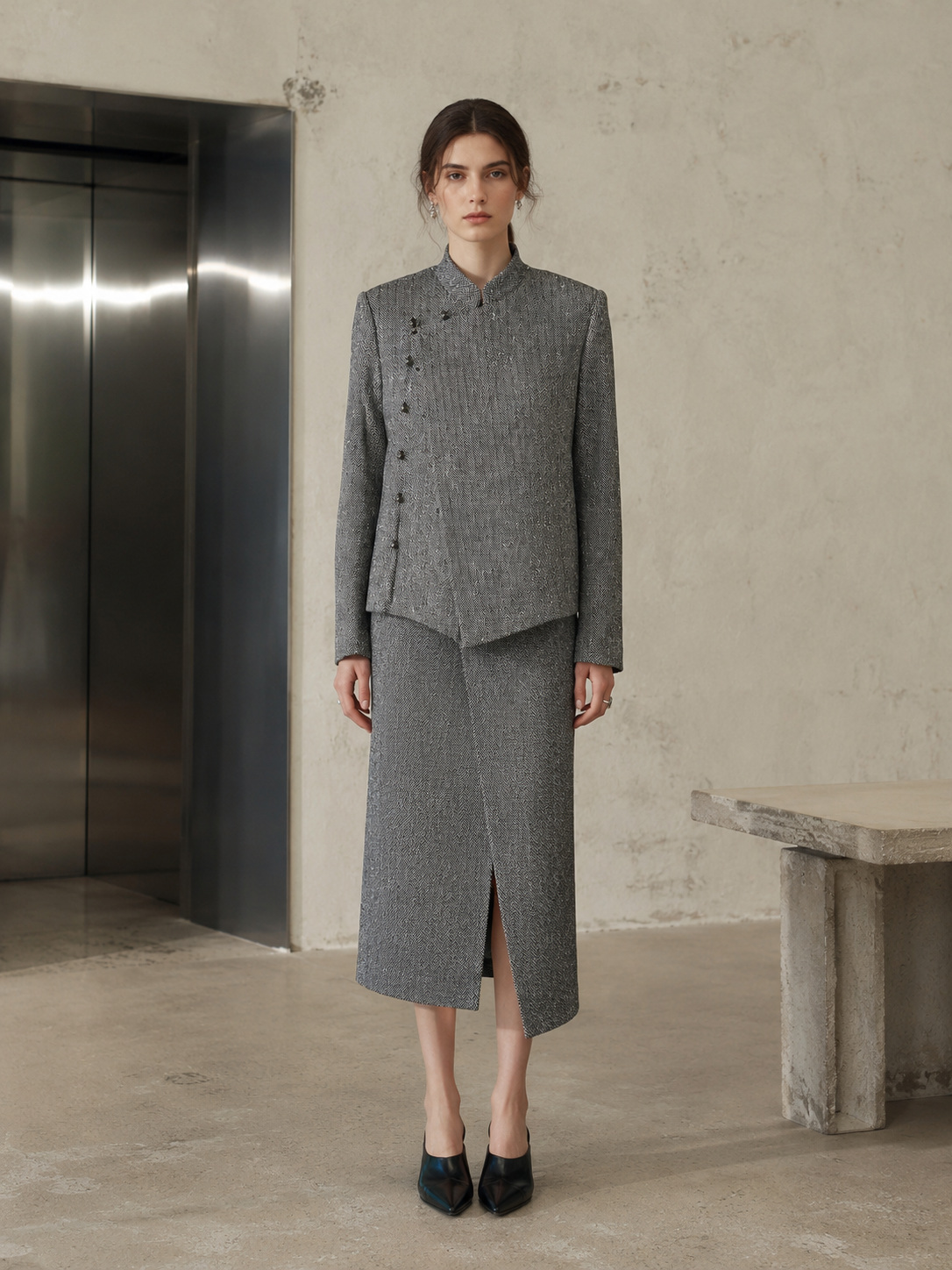 Classic Grey Herringbone Jacket - Chinese Style Stand Collar Diagonal Button Casual Coat 87981