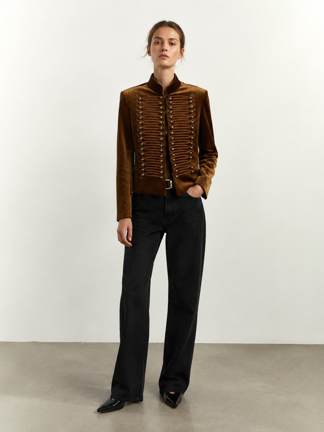 Chic Brown Velvet Parade Jacket - Double Row Button & Rope Trim Short Blazer W-39347