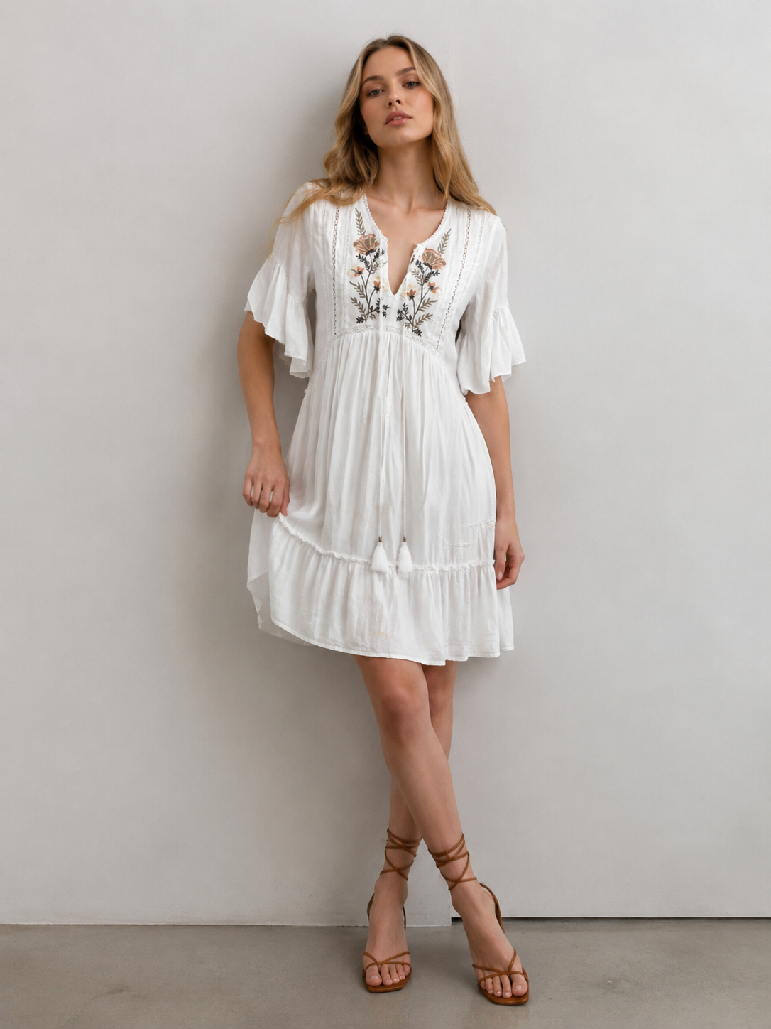 Bohemian Floral Embroidered Tiered Dress - White Bell Sleeve Ruffle Hem Casual Dress for Vacation W-31063