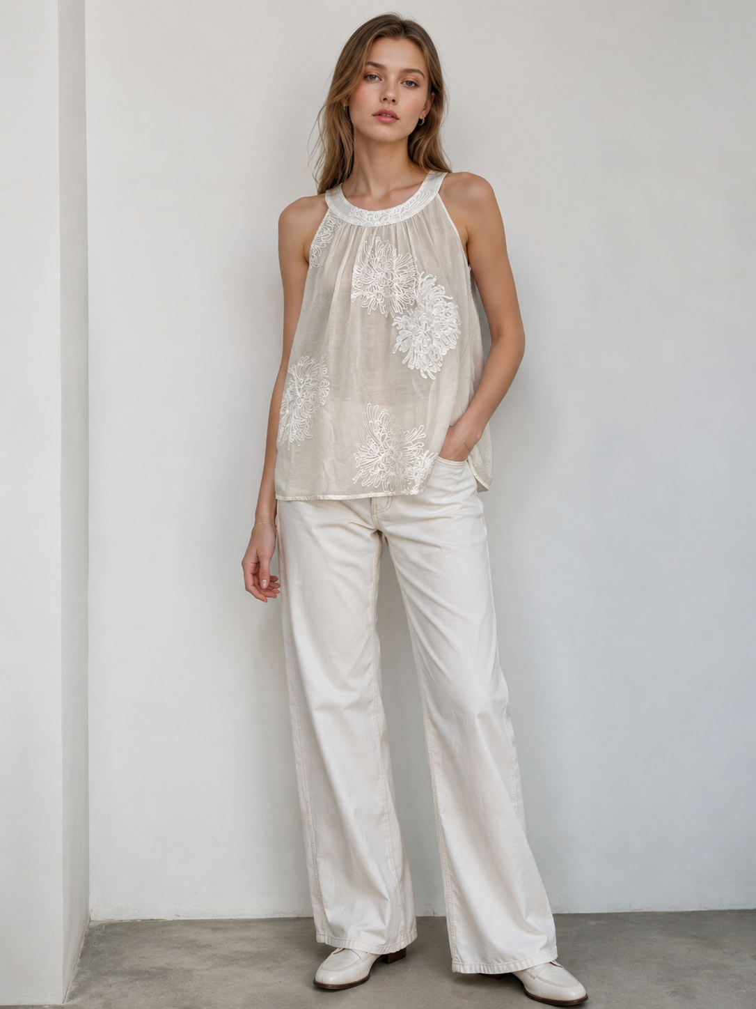 Women’s Embroidered High Neck Sleeveless Top W-40375