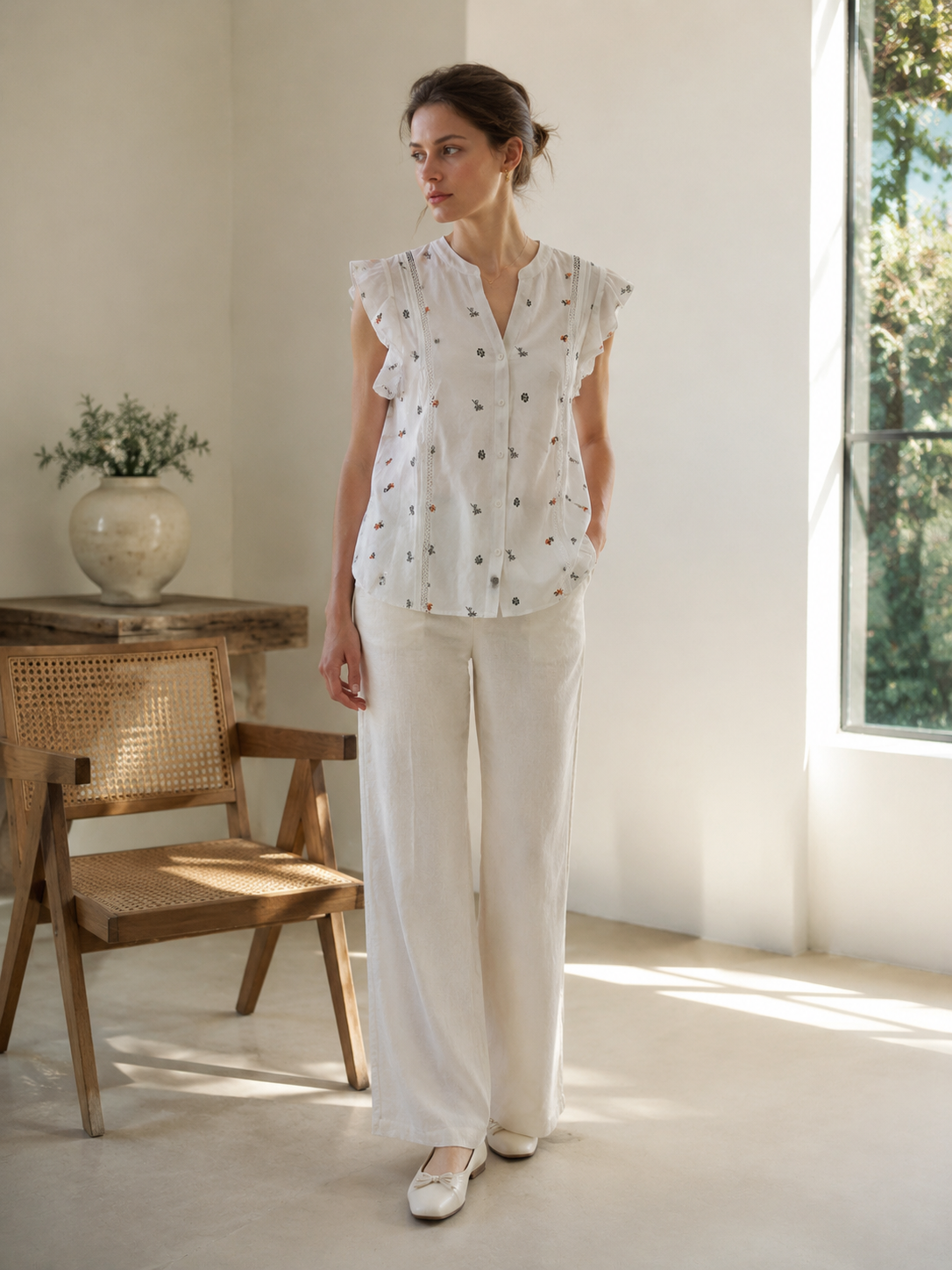 Women’s Floral Embroidered Ruffle Sleeve Button Blouse AN-760011