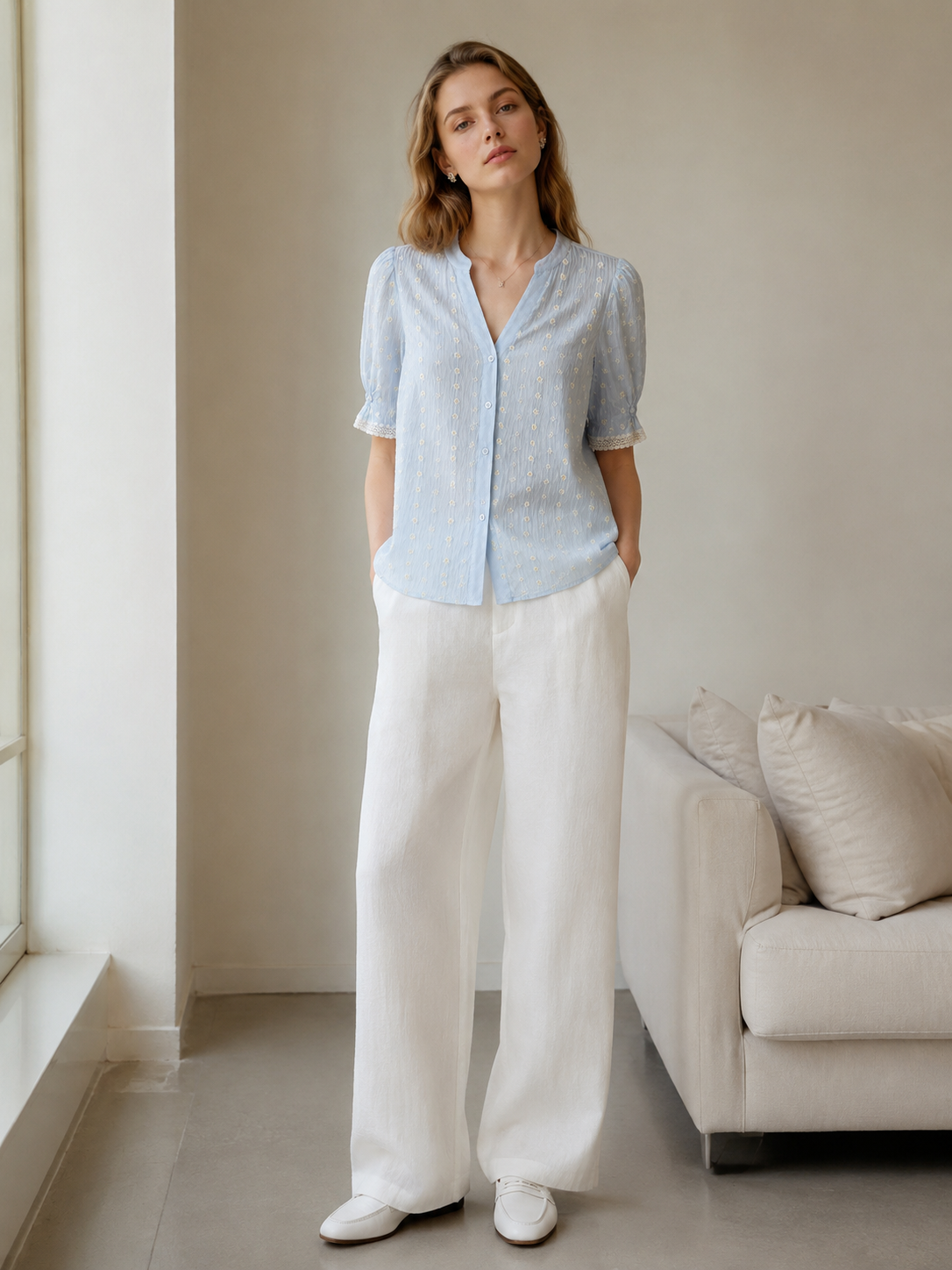 Women’s Floral Embroidered Lace Trim Short Sleeve Blouse AN-760004