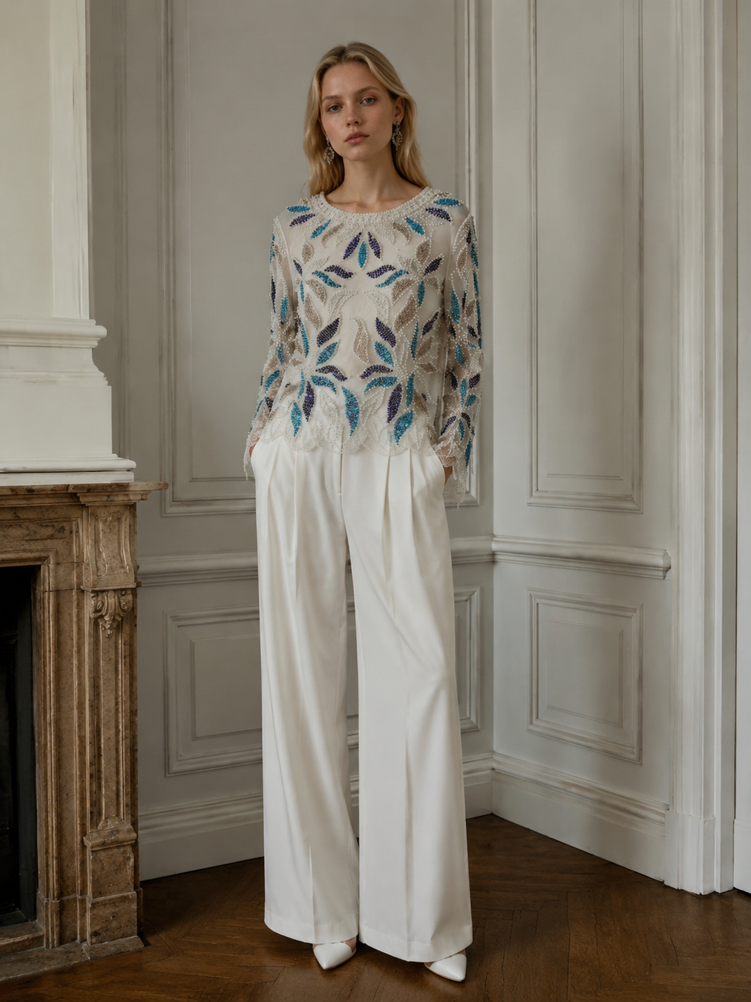 Women’s Sequin Beaded Leaf Mesh Long Sleeve Party Top LA-030402