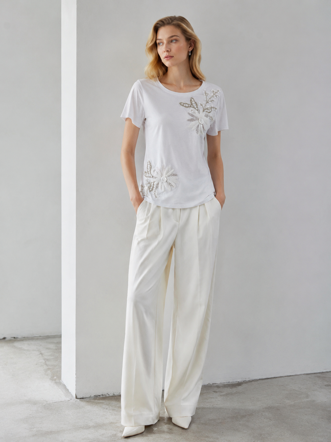 Women’s Embellished T Shirt – Floral Sequin Beaded Casual Summer Top M-42130-5