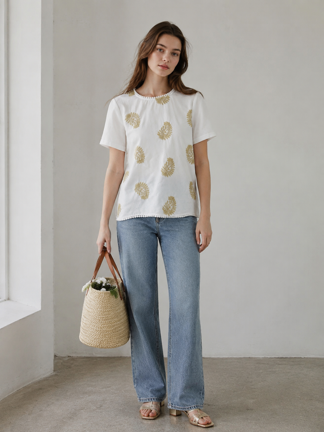 Women’s Boho Leaf Embroidered Pom Pom Short Sleeve Top D-42420