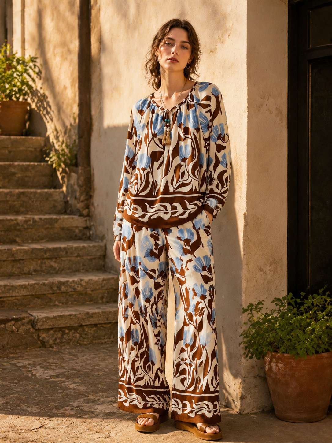Women’s Boho Botanical Print Tassel Tie Blouse – Casual Resort Vacation Top C-42382