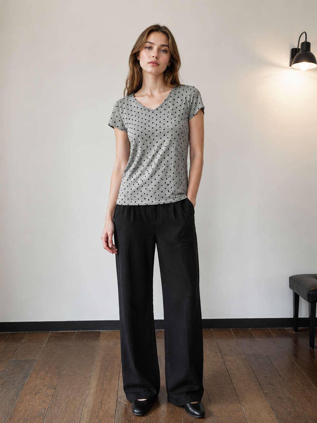 Casual Polka Dot V-Neck Short Sleeve T-shirt – Soft Everyday Loose Fit C-42408