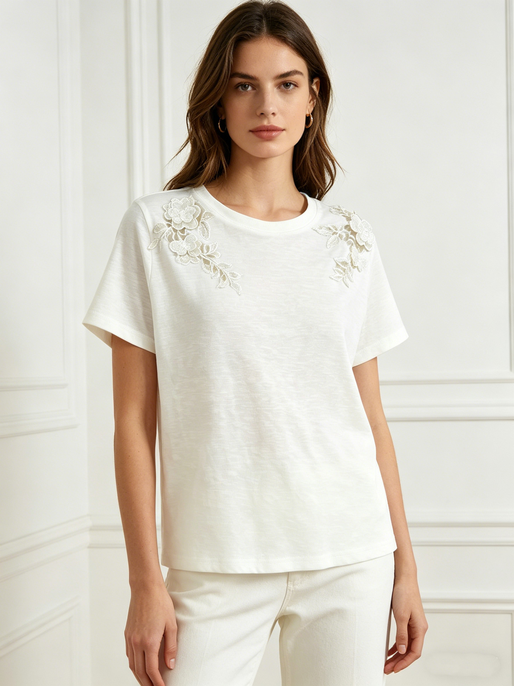 Minimalist Cotton T-Shirt with 3D Lace Flower - Chic Daily Top W-42843